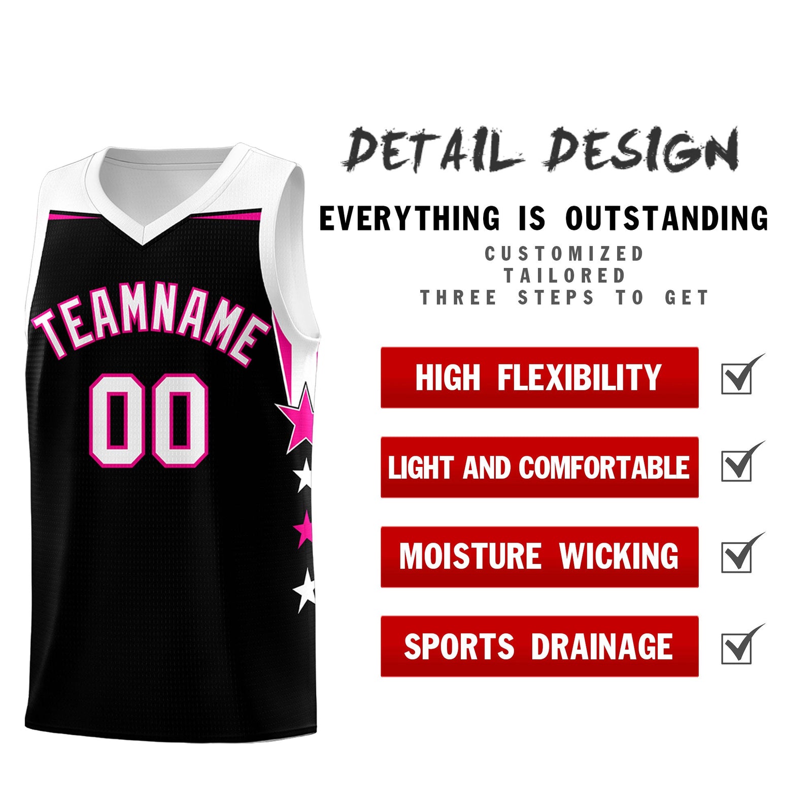Custom Youth Basketball Uniform Black White Two Tone Side Star Personalized Team Jersey