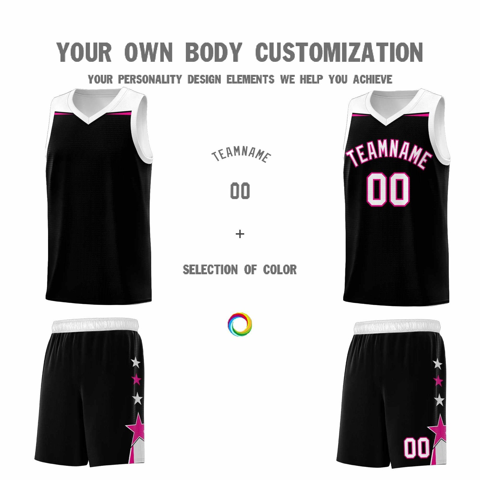 Custom Youth Basketball Uniform Black White Two Tone Side Star Personalized Team Jersey