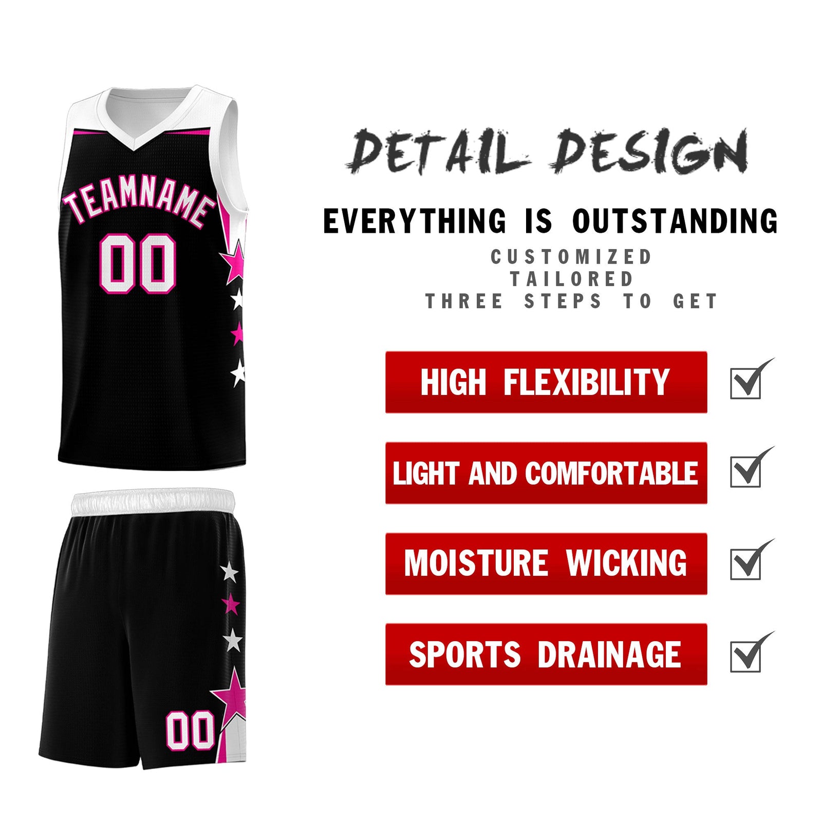 Custom Youth Basketball Uniform Black White Two Tone Side Star Personalized Team Jersey