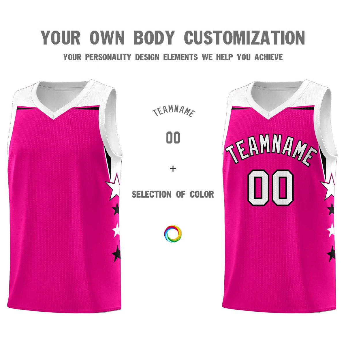 Custom Youth Basketball Uniform Pink White Two Tone Side Star Color Block Team Jersey