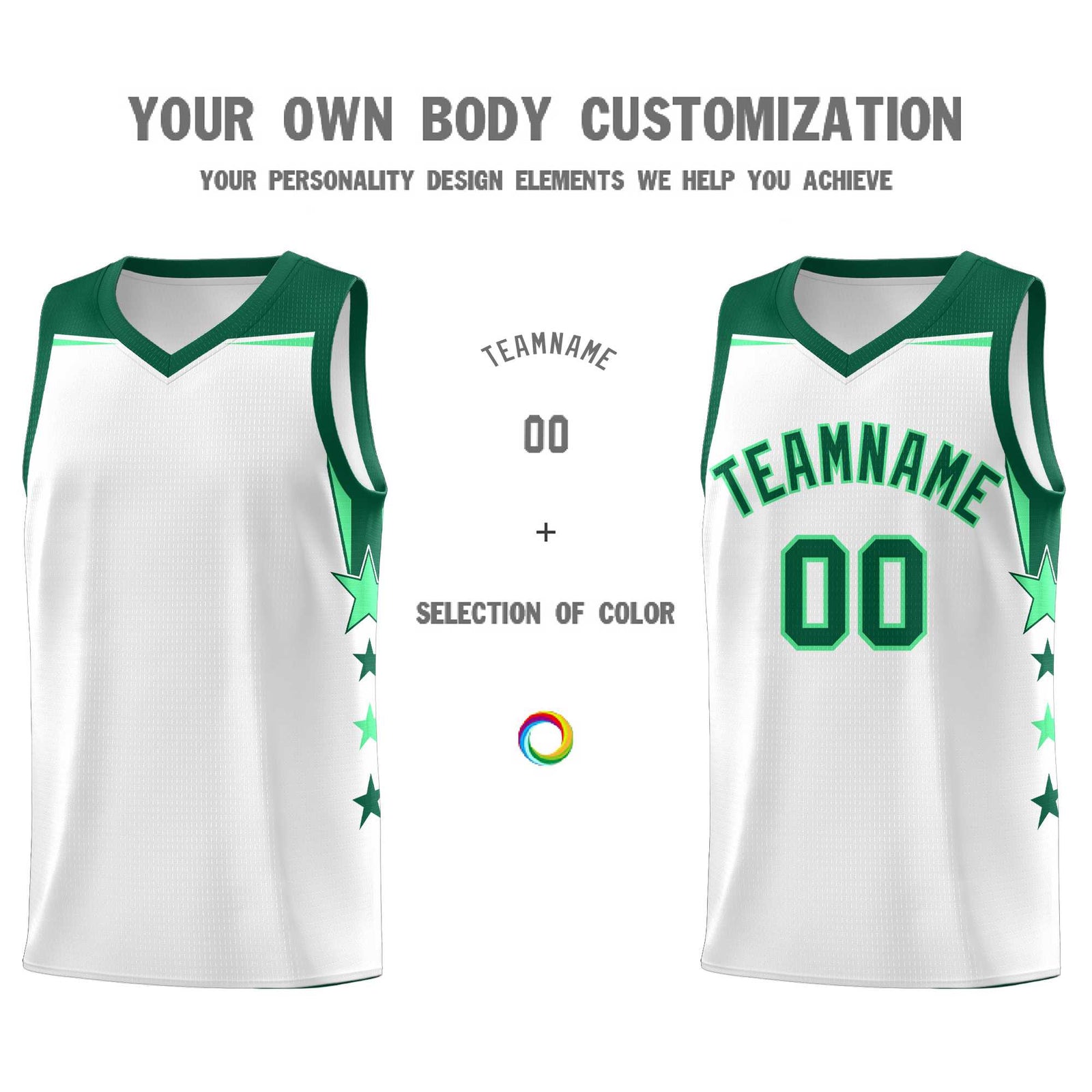 Custom Youth Basketball Uniform White Kelly Green Two Tone Side Star Add Name Number & Logo