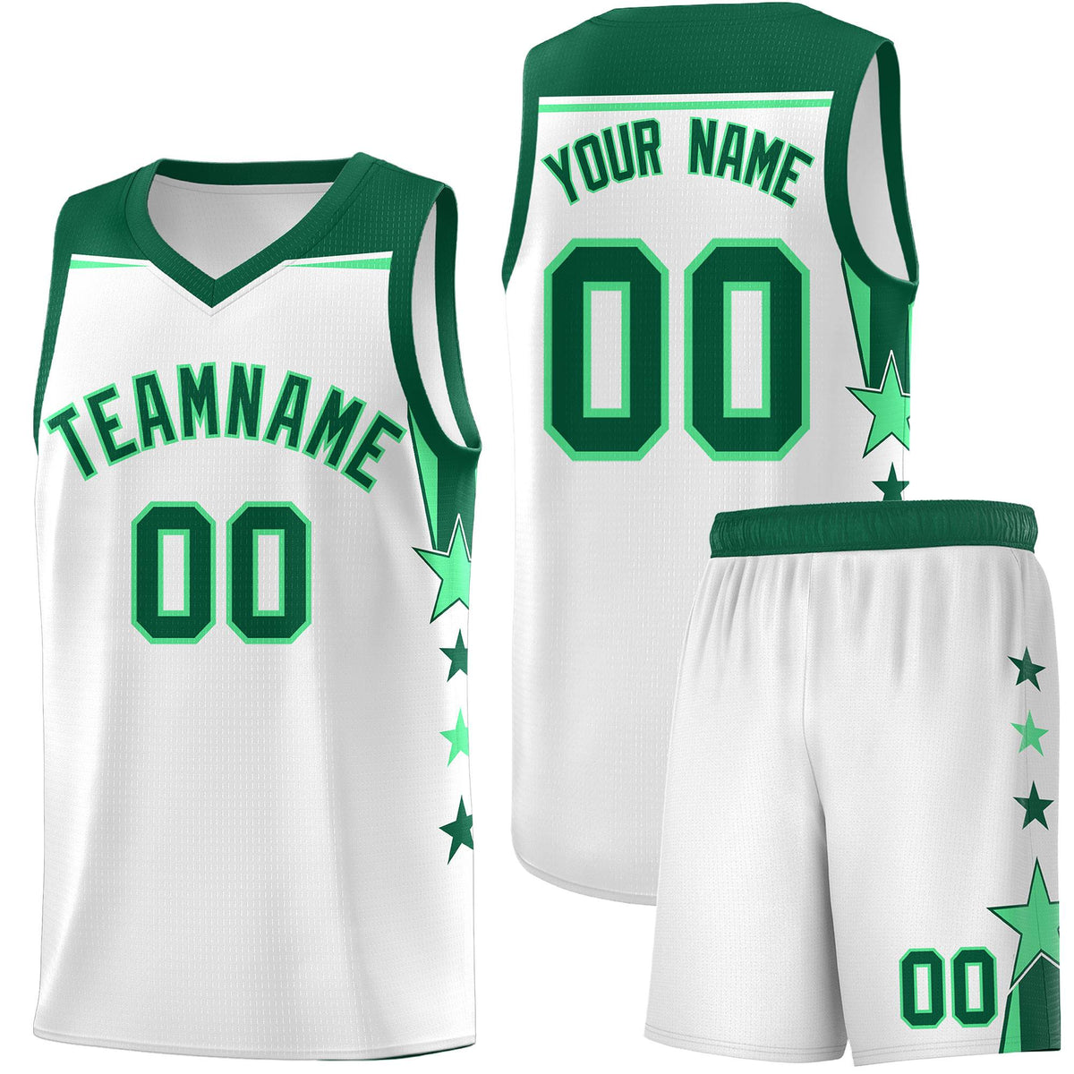 Custom Youth Basketball Uniform White Kelly Green Two Tone Side Star Add Name Number & Logo