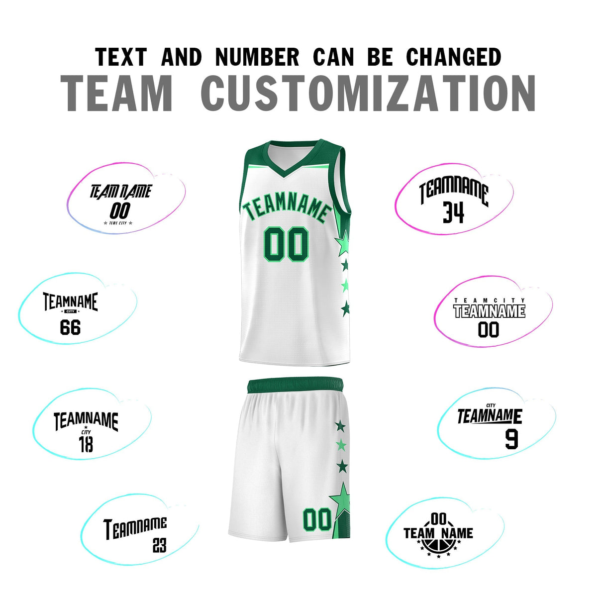 Custom Youth Basketball Uniform White Kelly Green Two Tone Side Star Add Name Number & Logo