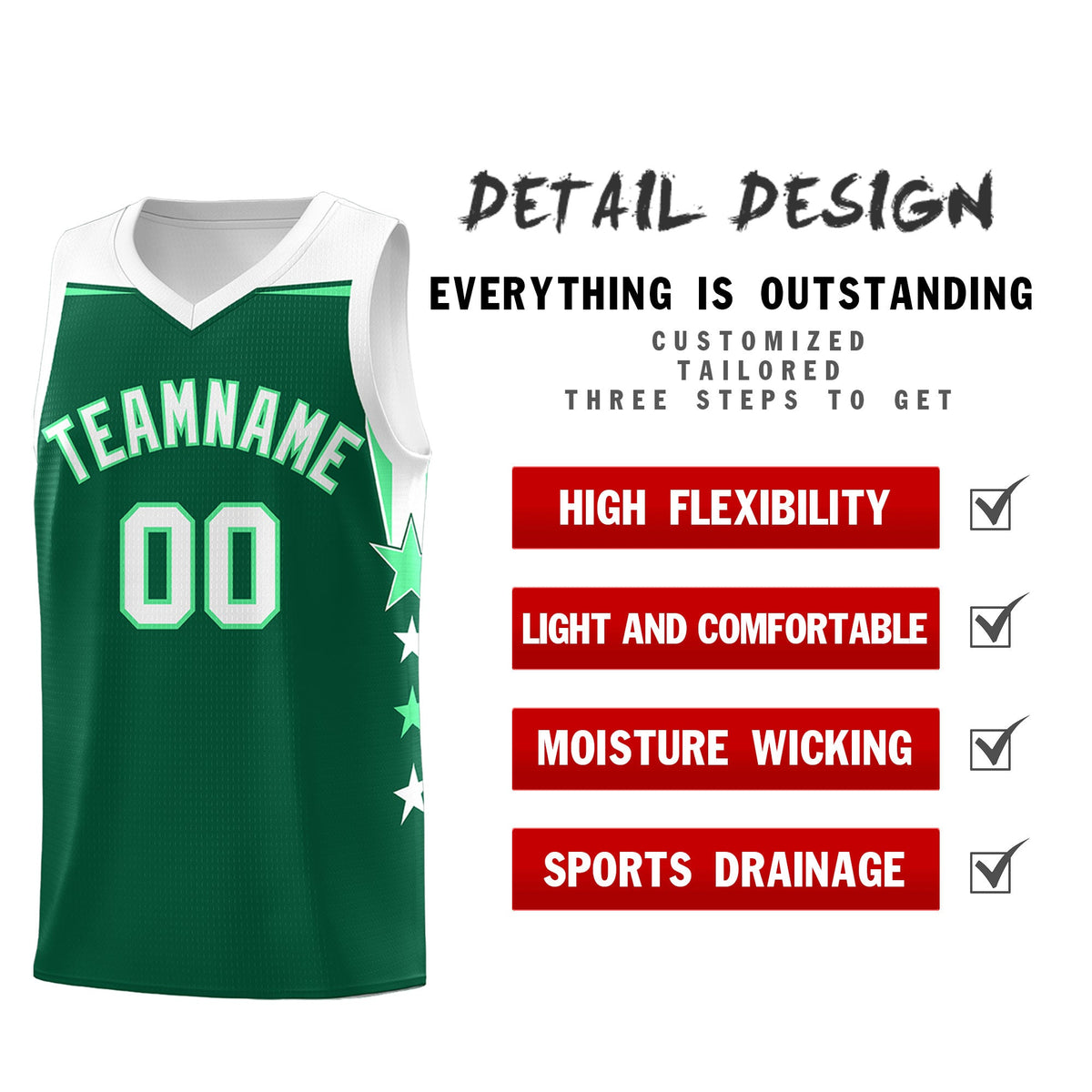 Custom Youth Basketball Uniform Kelly Green White Two Tone Side Star Personalized Team Jersey