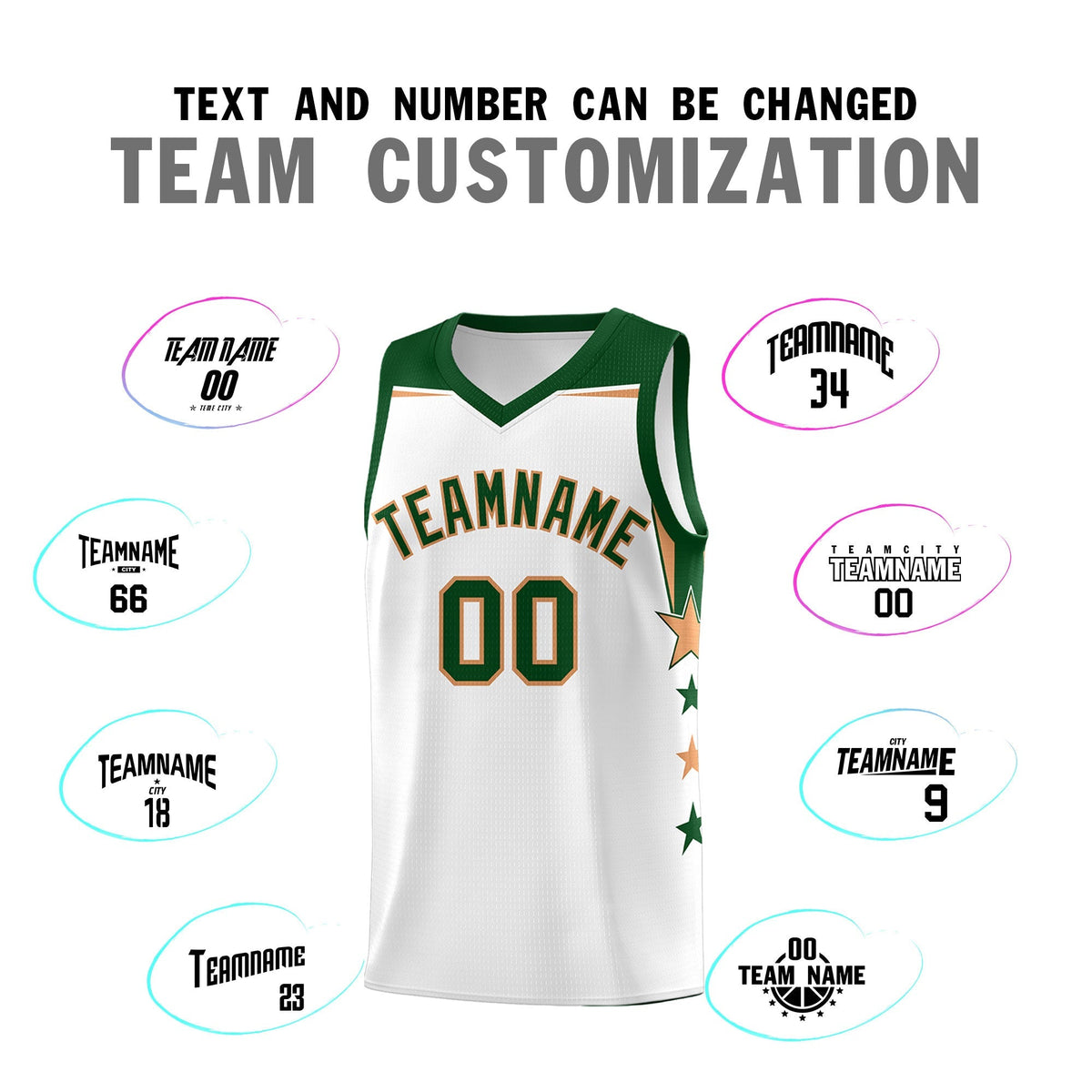Custom Youth Basketball Uniform White Green Two Tone Side Star Add Name Number &amp; Logo