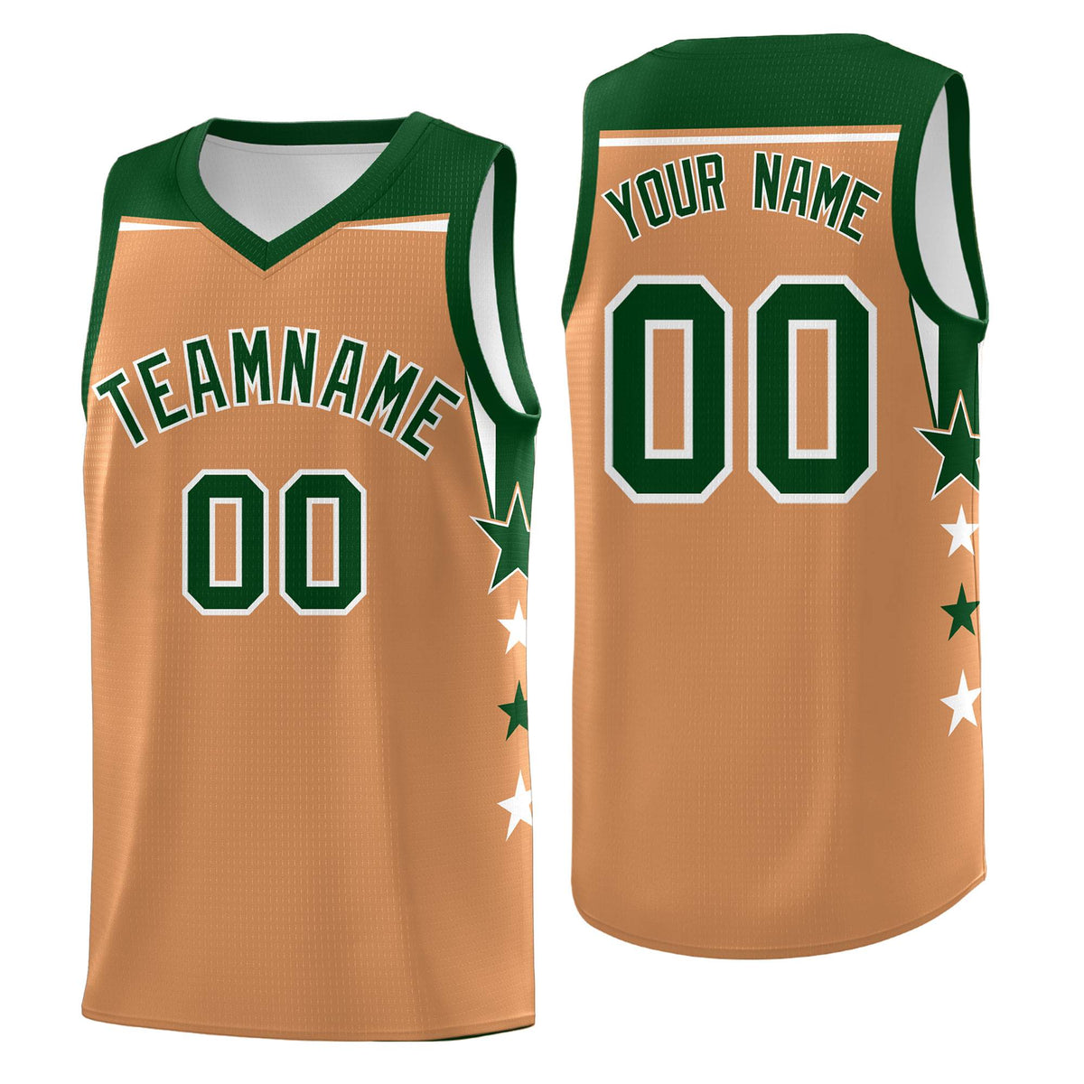 Custom Youth Basketball Uniform Buckskin Brown Green Two Tone Side Star Color Block Team Jersey
