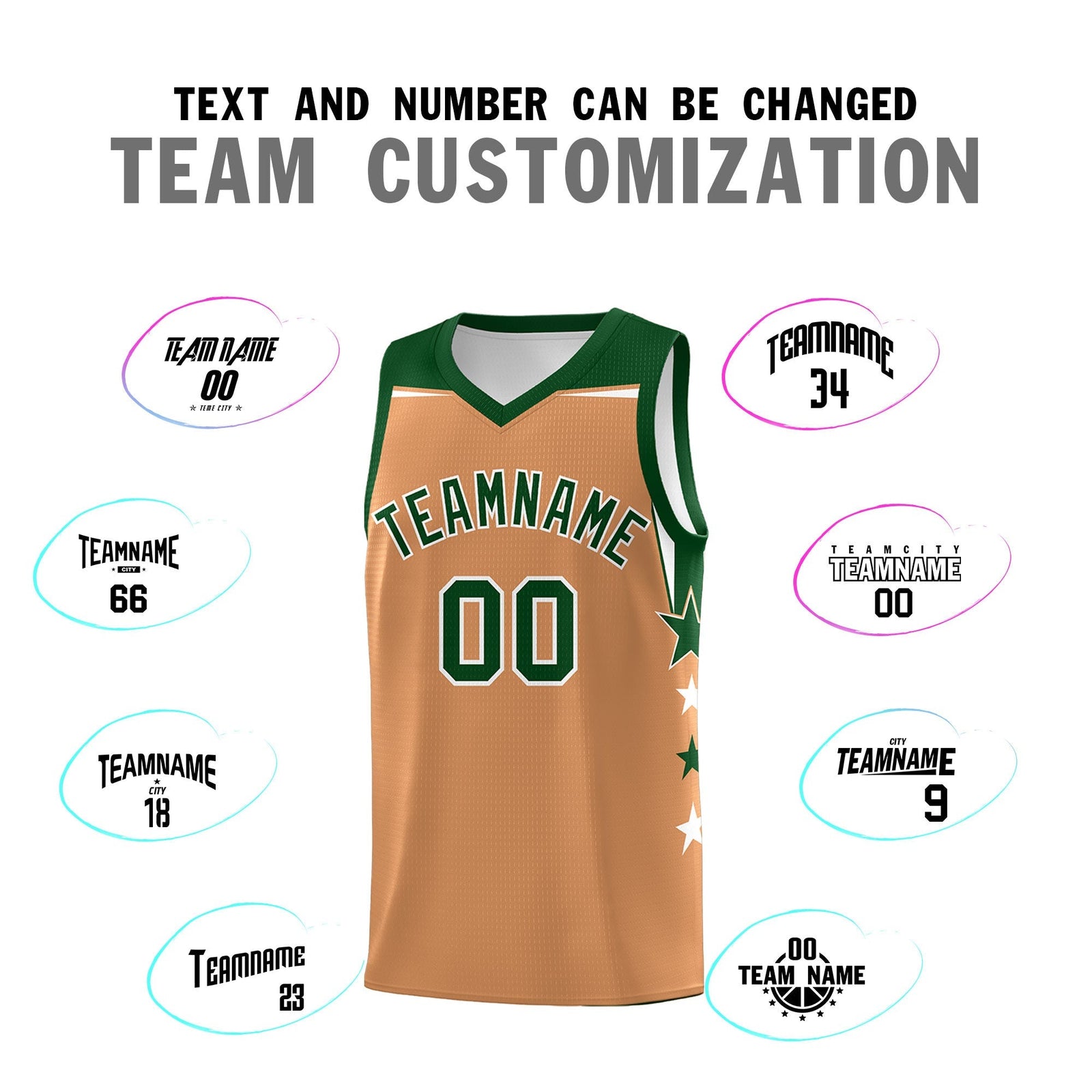 Custom Youth Basketball Uniform Buckskin Brown Green Two Tone Side Star Color Block Team Jersey