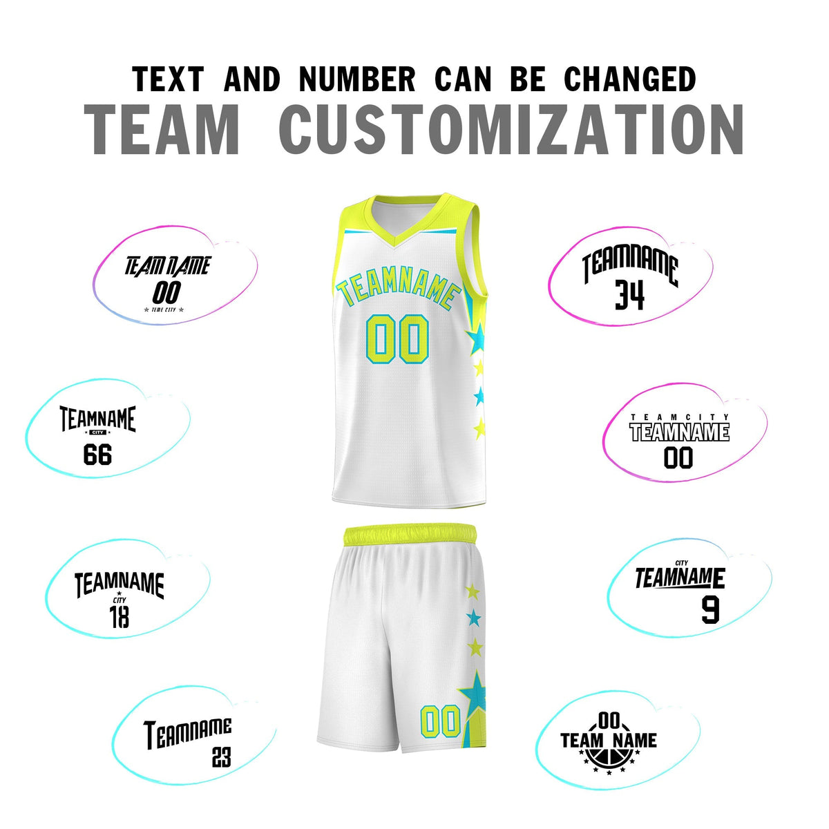 Custom Youth Basketball Uniform White Fluorescent Green Two Tone Side Star Add Name Number & Logo