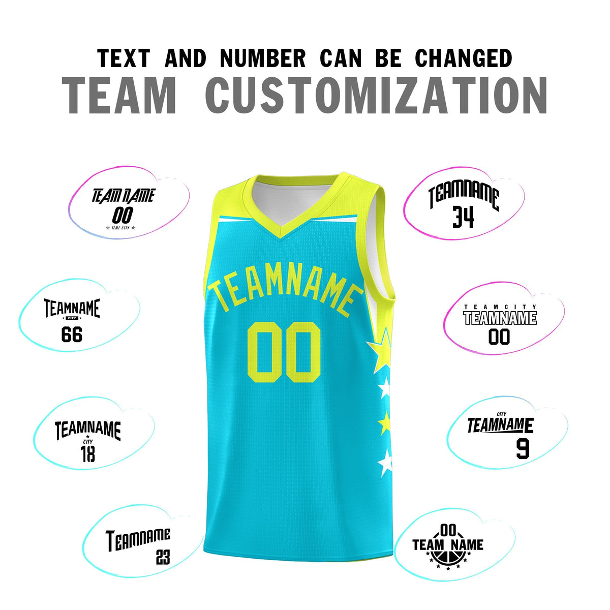 Custom Youth Basketball Uniform Sky Blue Fluorescent Green Two Tone Side Star Color Block Team Jersey
