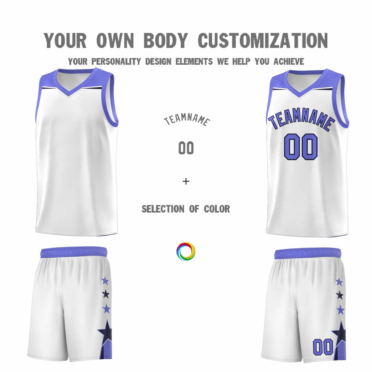 Custom Youth Basketball Uniform White Purple Two Tone Side Star Add Name Number & Logo