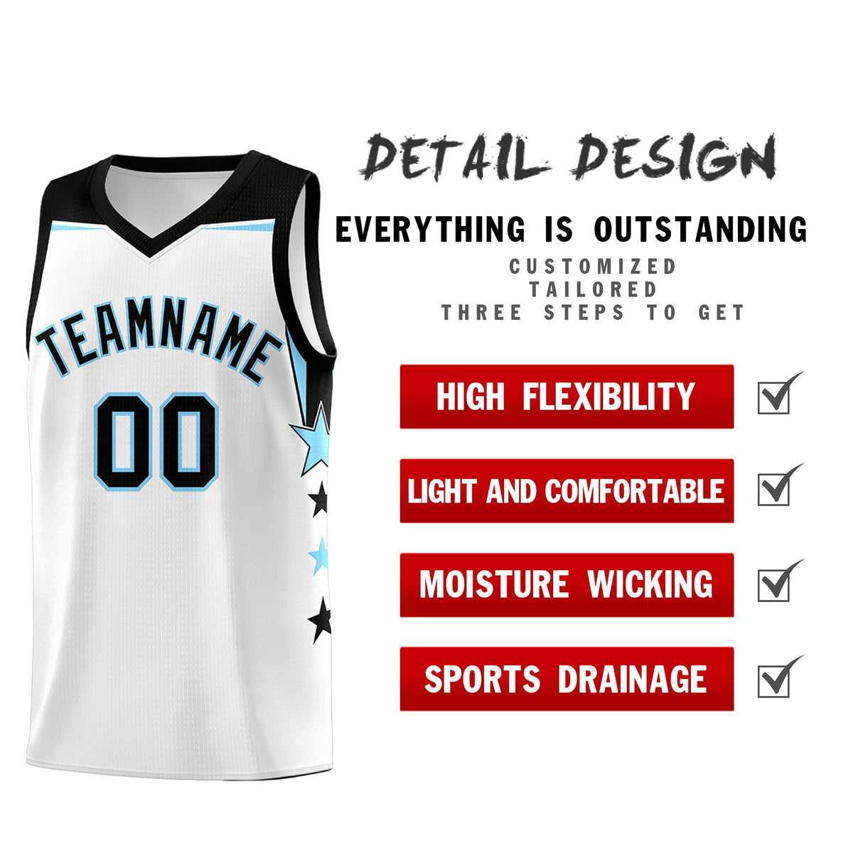 Custom Youth Basketball Uniform White Light Blue Two Tone Side Star Add Name Number & Logo