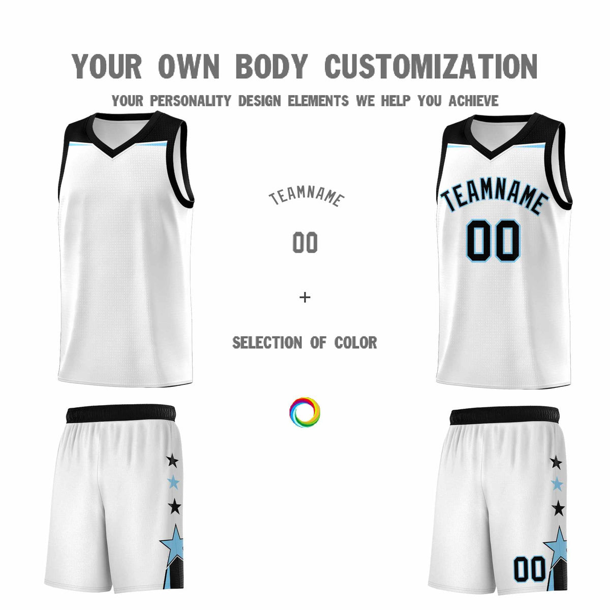 Custom Youth Basketball Uniform White Light Blue Two Tone Side Star Add Name Number & Logo