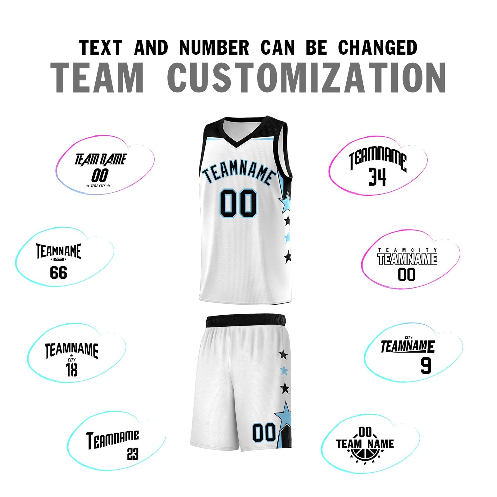 Custom Youth Basketball Uniform White Light Blue Two Tone Side Star Add Name Number & Logo