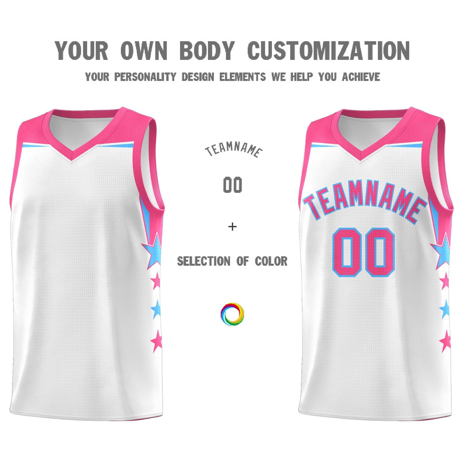 Custom Youth Basketball Uniform White Pink Two Tone Side Star Add Name Number & Logo
