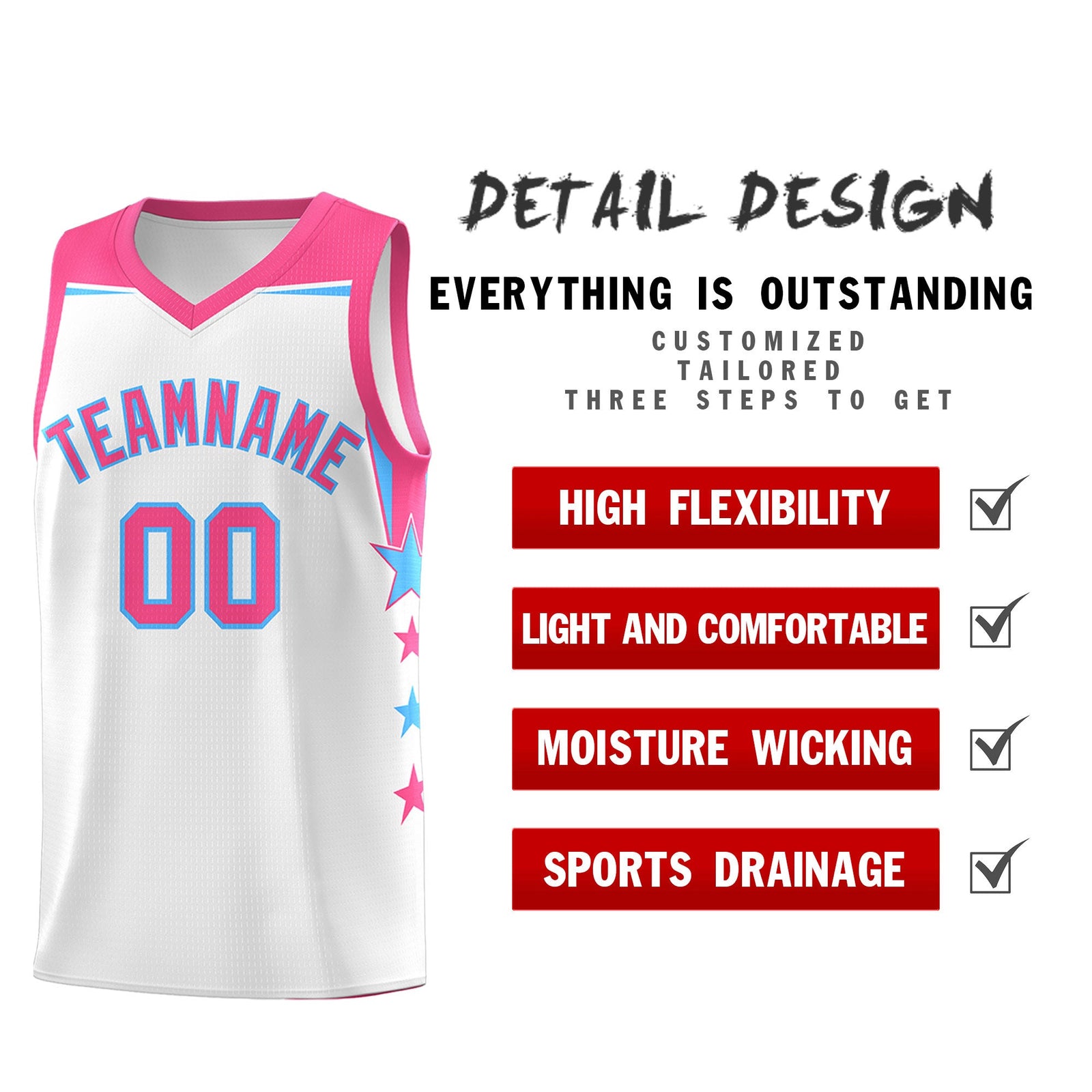 Custom Youth Basketball Uniform White Pink Two Tone Side Star Add Name Number & Logo