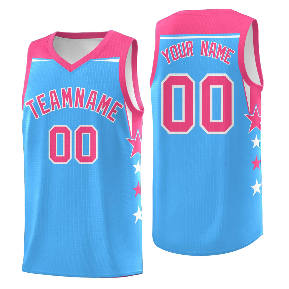 Custom Youth Basketball Uniform Powder Blue Pink Two Tone Side Star Color Block Team Jersey