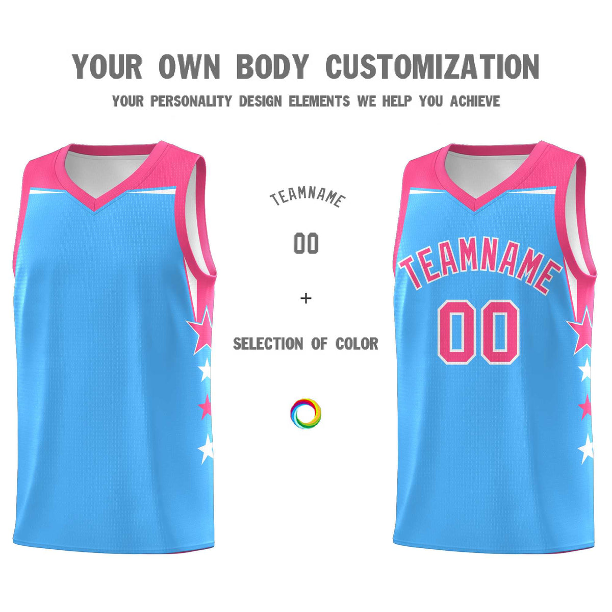 Custom Youth Basketball Uniform Powder Blue Pink Two Tone Side Star Color Block Team Jersey