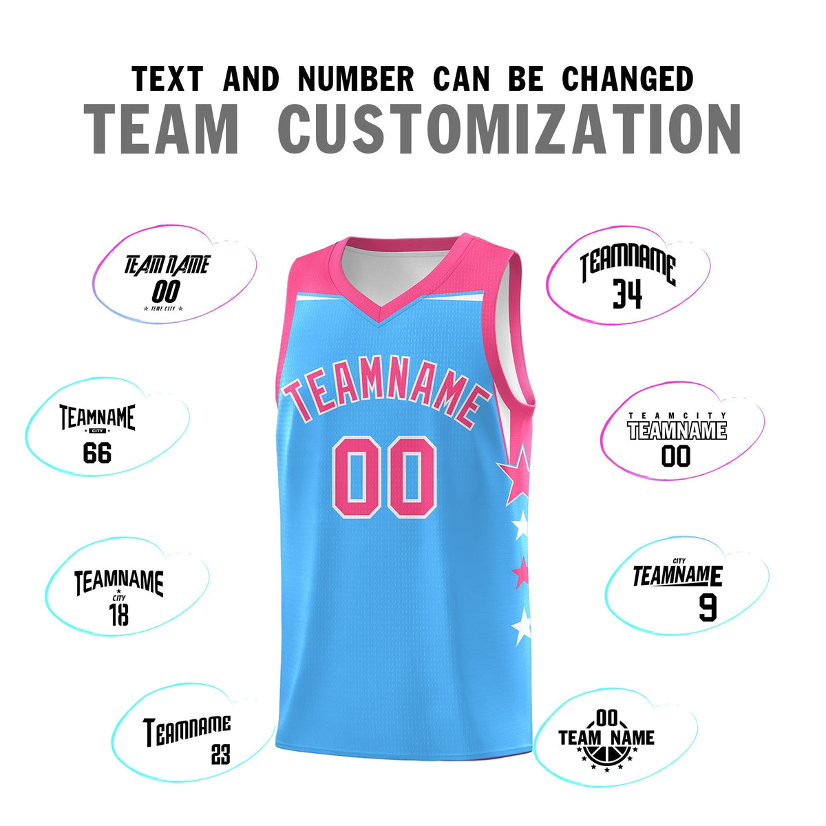 Custom Youth Basketball Uniform Powder Blue Pink Two Tone Side Star Color Block Team Jersey