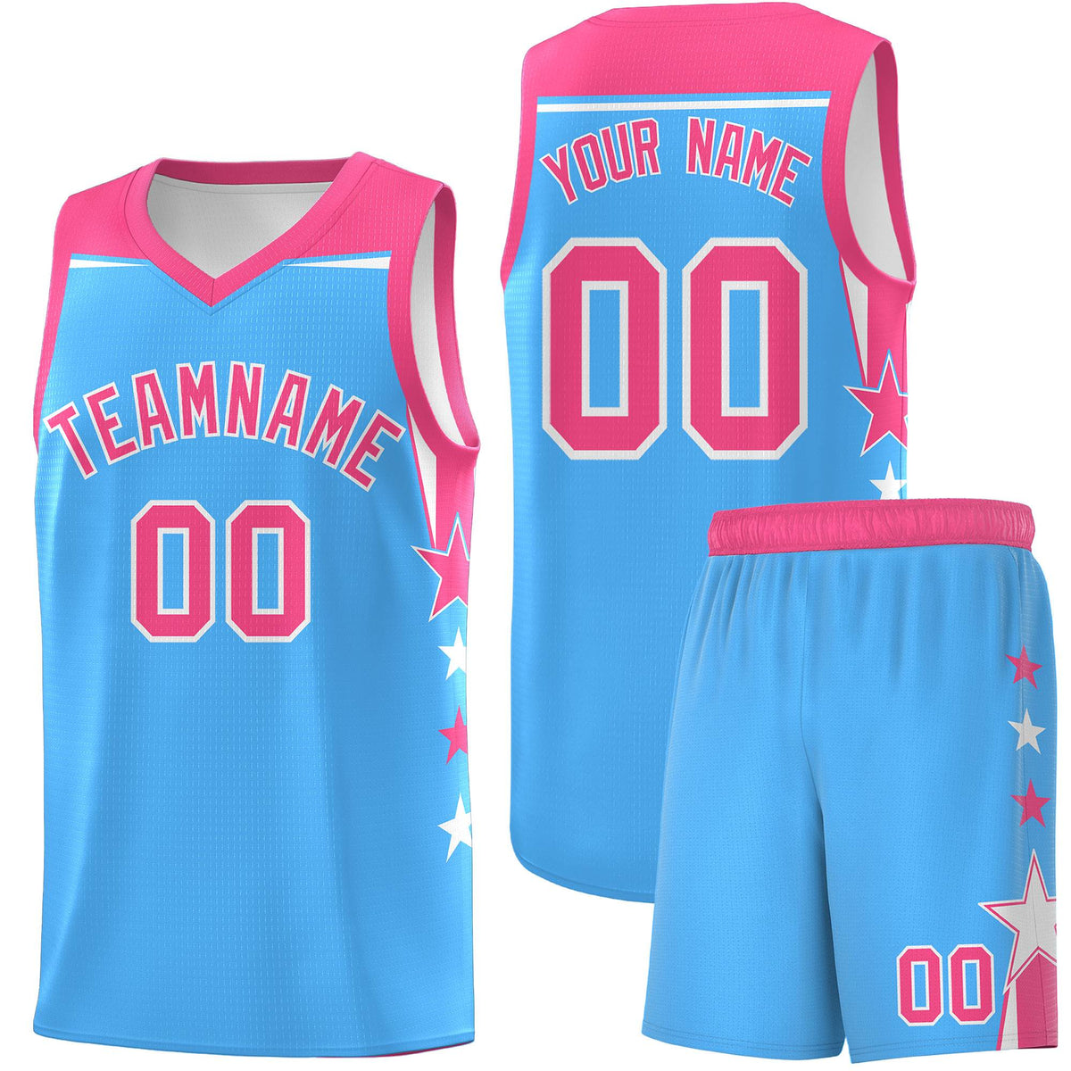 Custom Youth Basketball Uniform Powder Blue Pink Two Tone Side Star Color Block Team Jersey