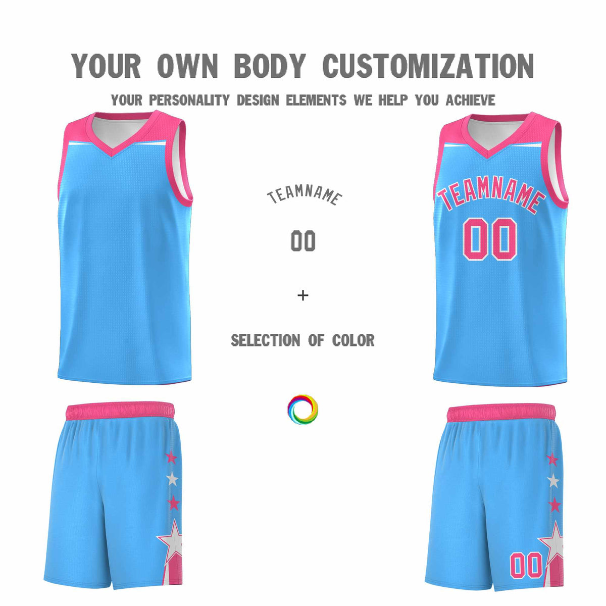 Custom Youth Basketball Uniform Powder Blue Pink Two Tone Side Star Color Block Team Jersey