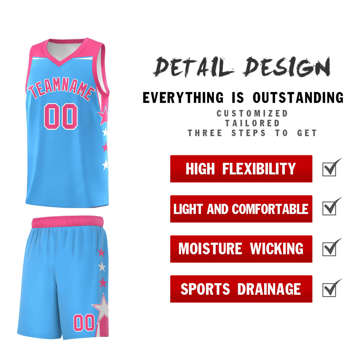Custom Youth Basketball Uniform Powder Blue Pink Two Tone Side Star Color Block Team Jersey