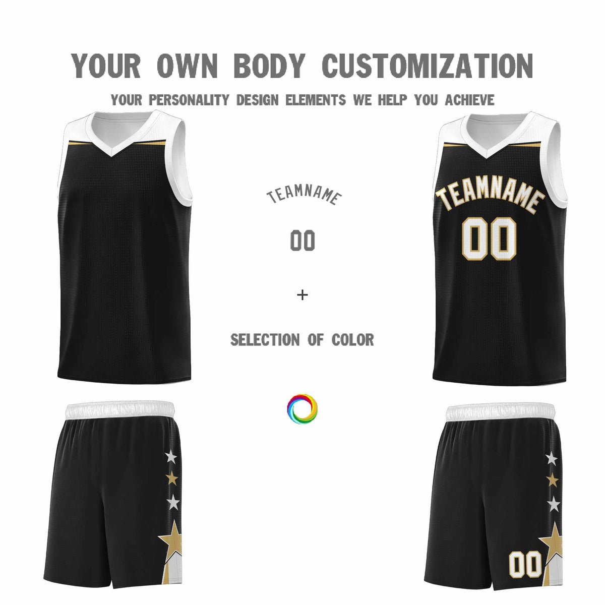 Custom Youth Basketball Uniform Black White Two Tone Side Star Personalized Team Jersey