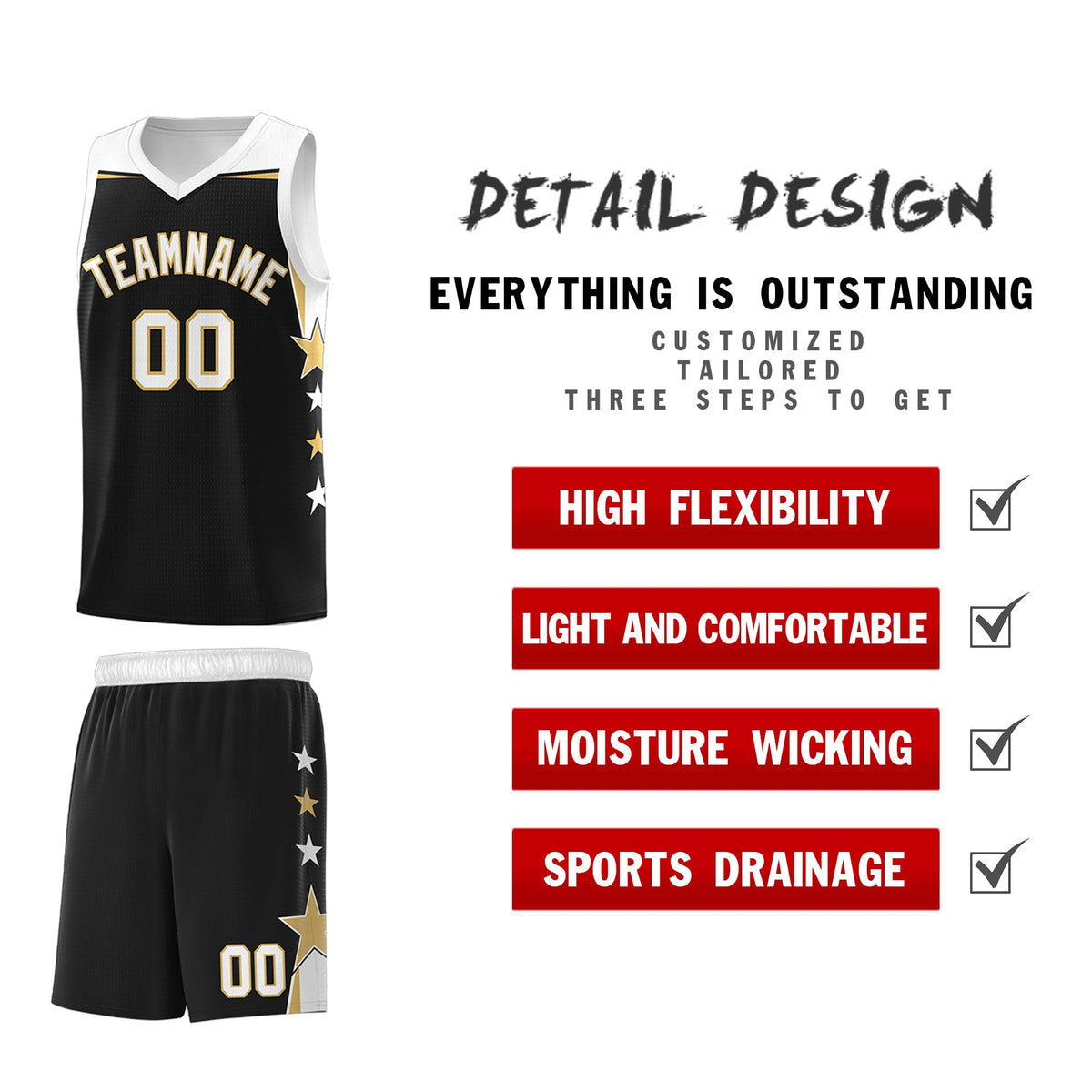 Custom Youth Basketball Uniform Black White Two Tone Side Star Personalized Team Jersey