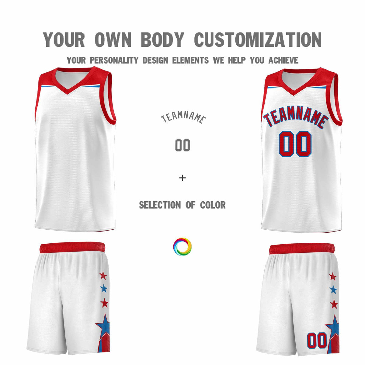 Custom Youth Basketball Uniform White Red Two Tone Side Star Add Name Number & Logo