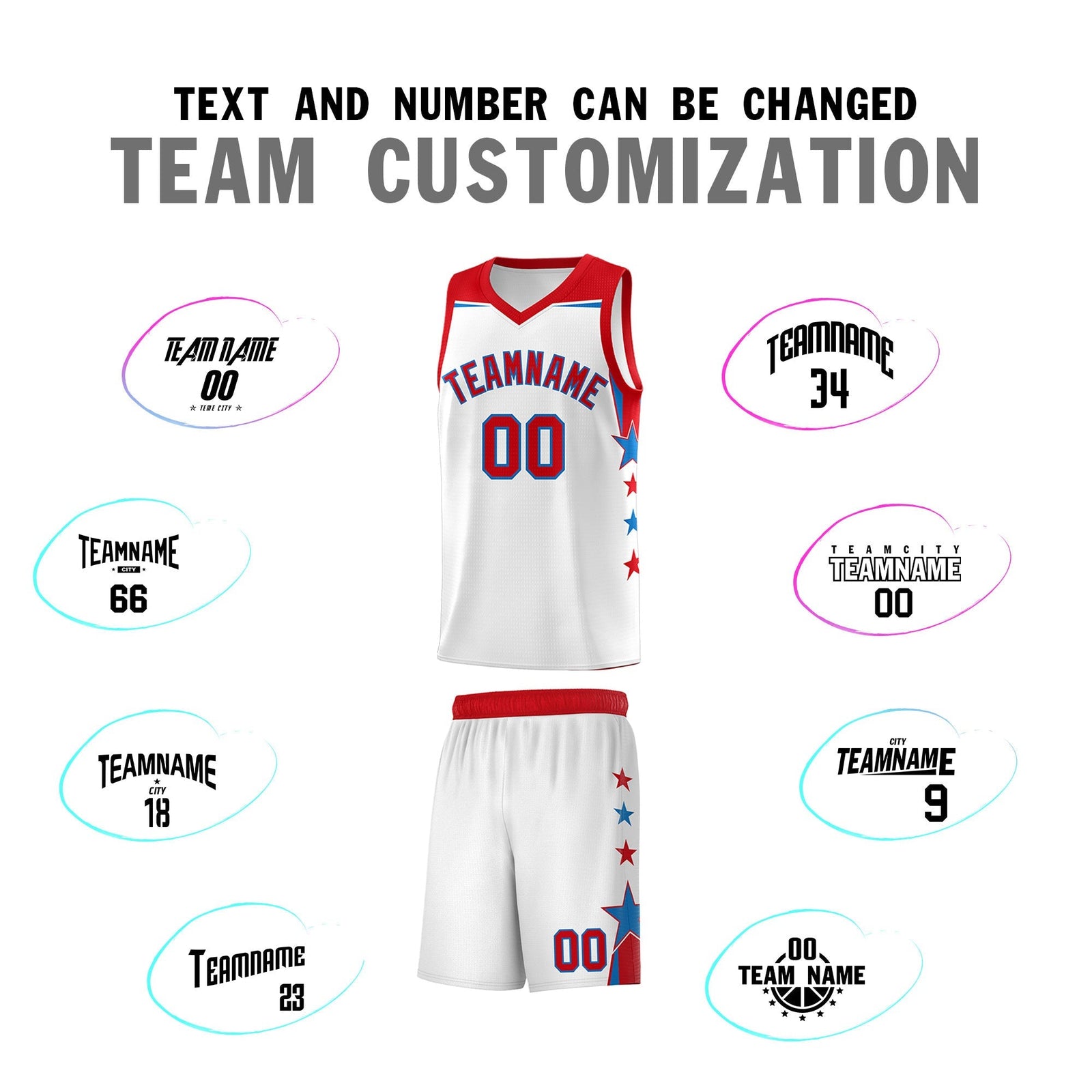 Custom Youth Basketball Uniform White Red Two Tone Side Star Add Name Number & Logo