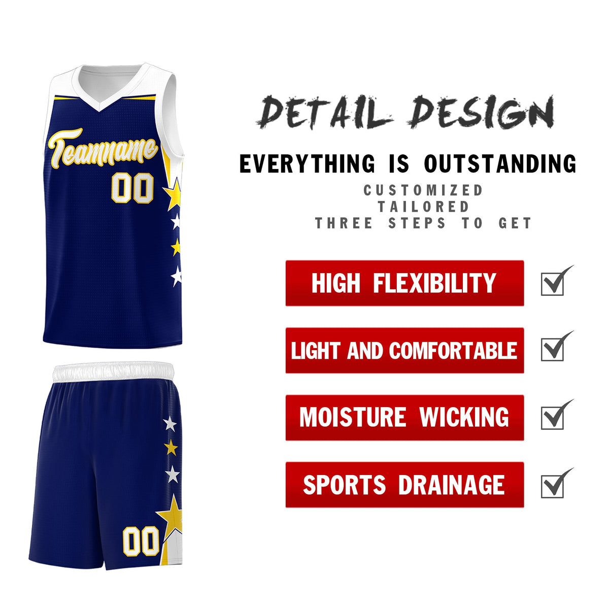 Custom Youth Basketball Uniform Navy White Two Tone Side Star Add Name Number &amp; Logo