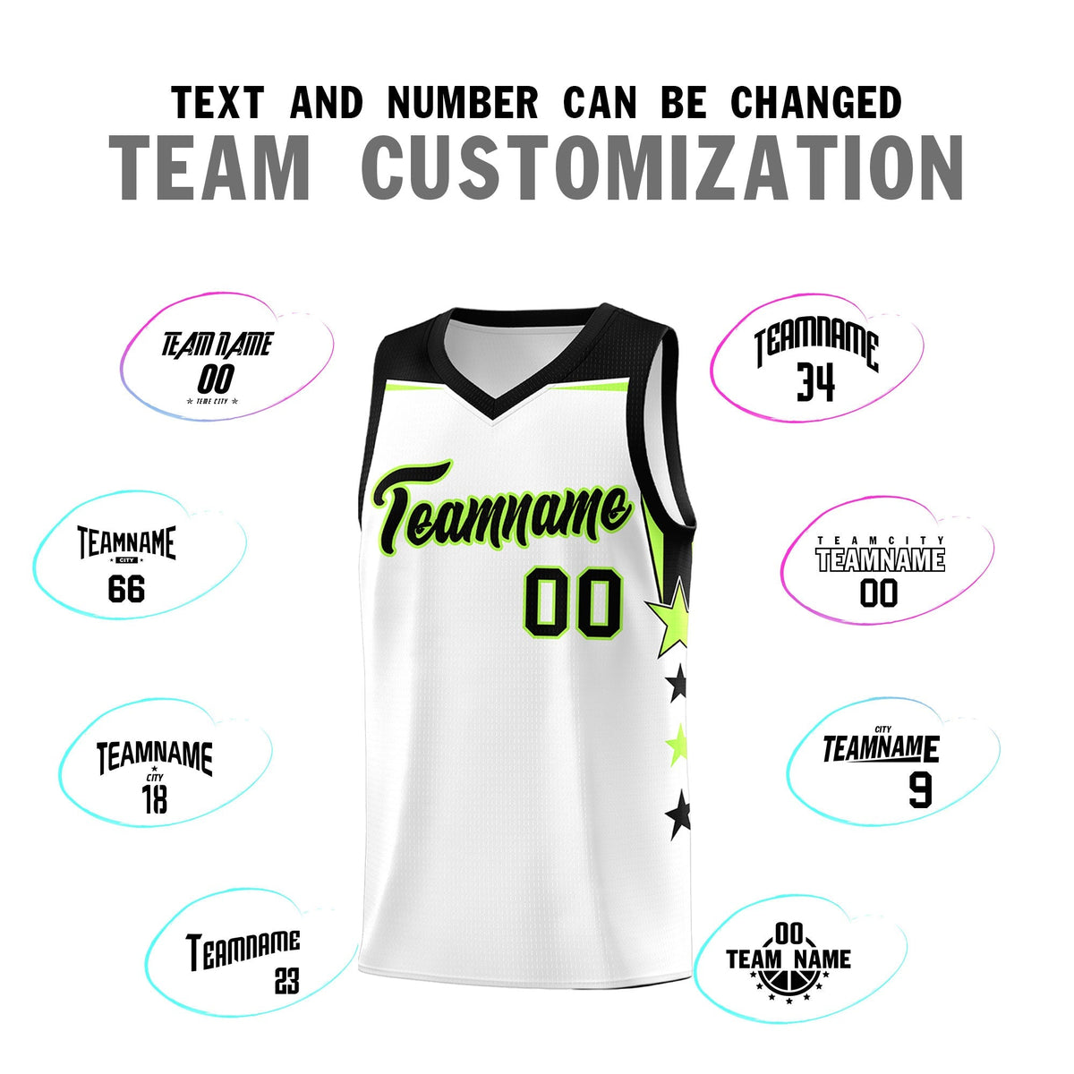 Custom Youth Basketball Uniform White Black Two Tone Side Star Add Name Number &amp; Logo