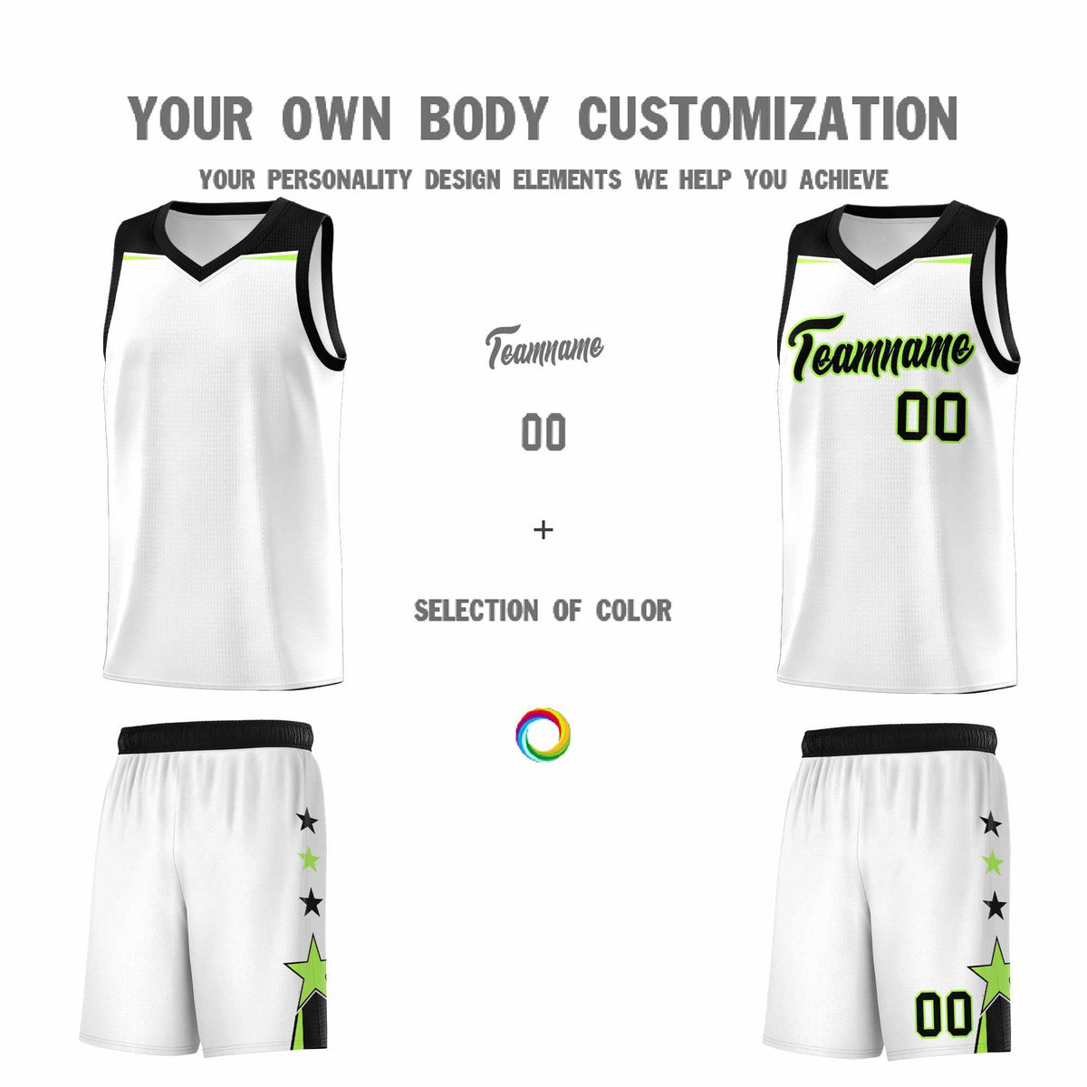 Custom Youth Basketball Uniform White Black Two Tone Side Star Add Name Number &amp; Logo