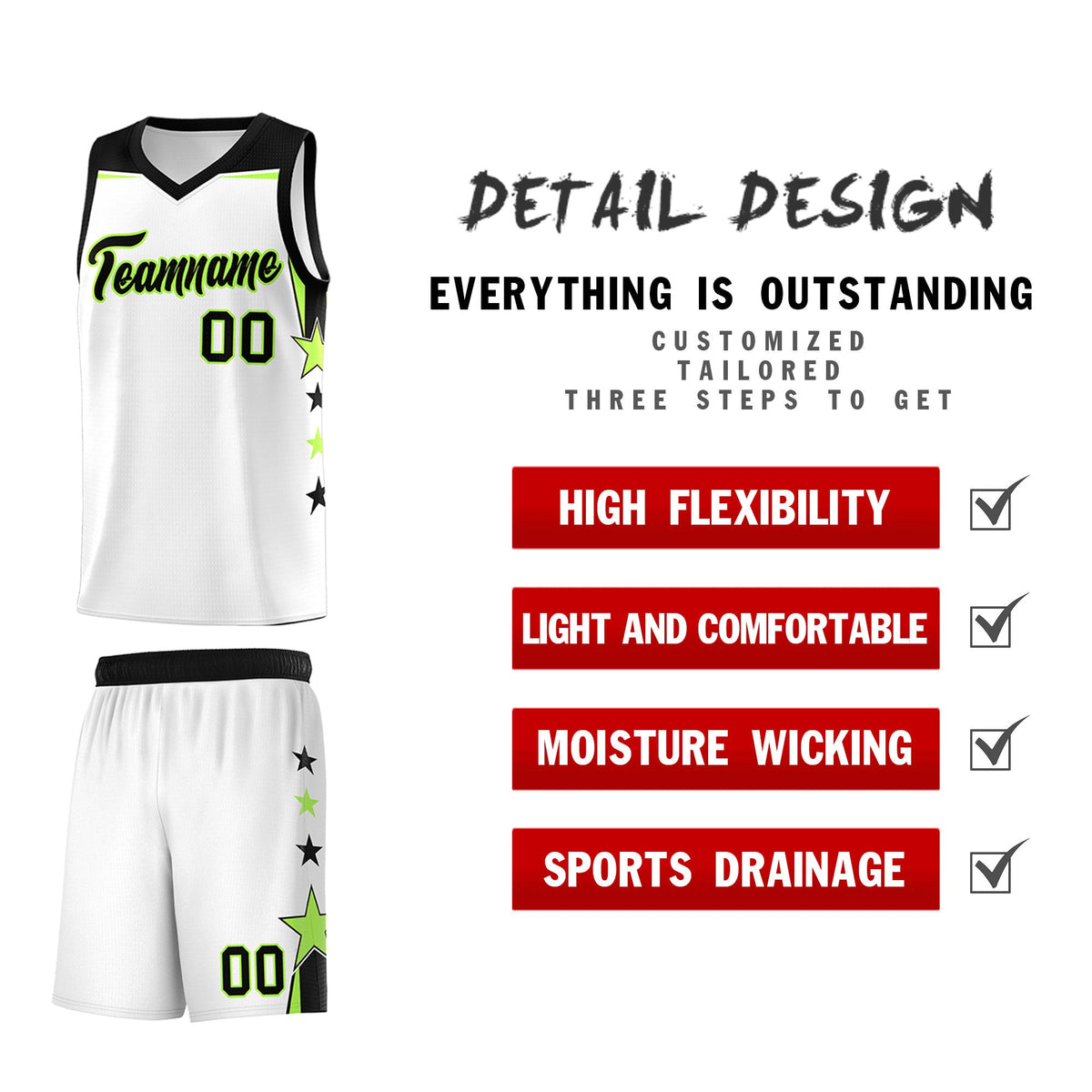 Custom Youth Basketball Uniform White Black Two Tone Side Star Add Name Number &amp; Logo