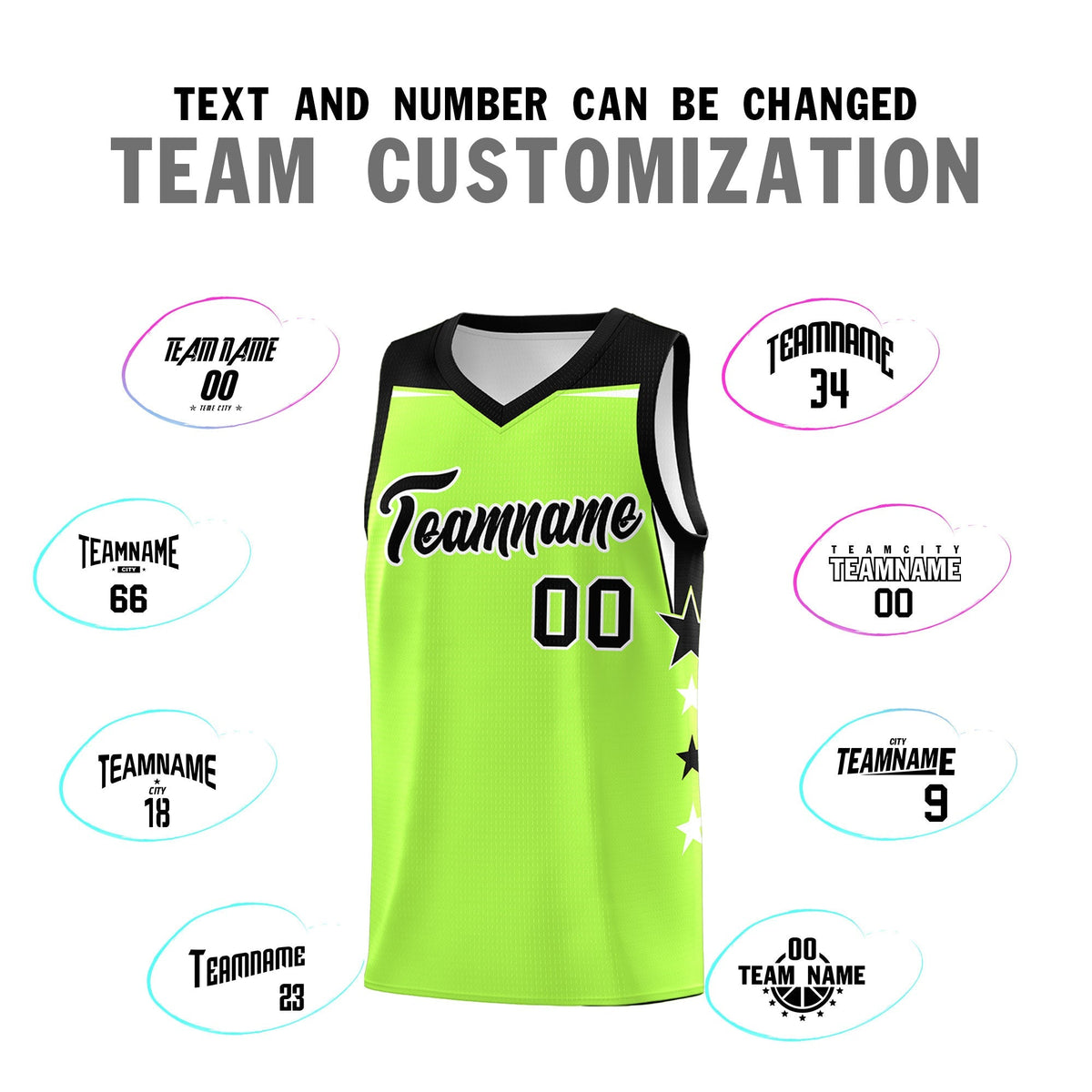 Custom Youth Basketball Uniform Fluorescent Green Black Two Tone Side Star Add Name Number &amp; Logo