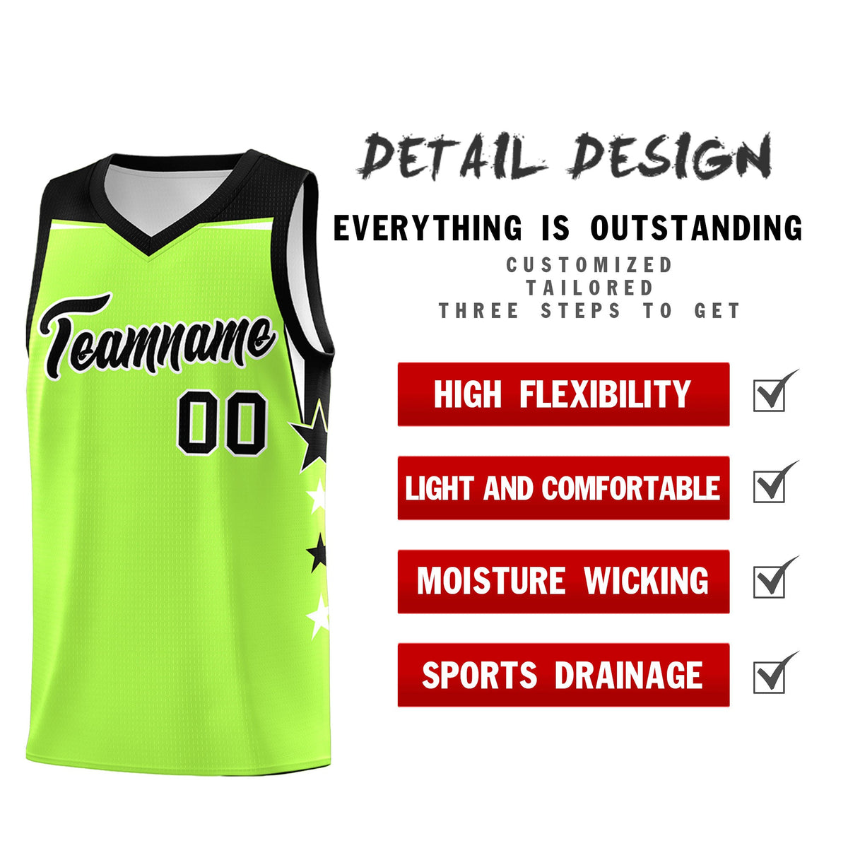 Custom Youth Basketball Uniform Fluorescent Green Black Two Tone Side Star Add Name Number &amp; Logo