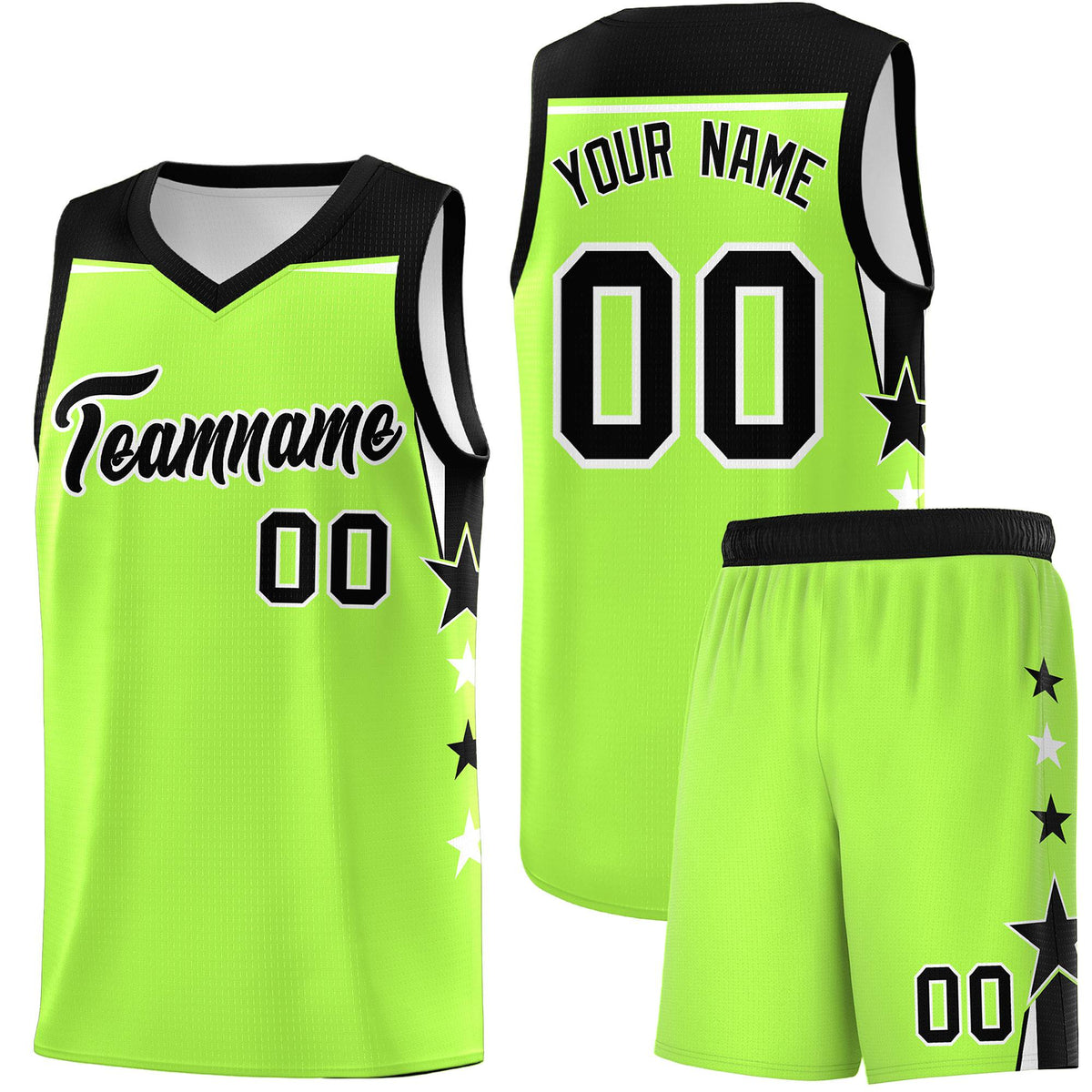 Custom Youth Basketball Uniform Fluorescent Green Black Two Tone Side Star Add Name Number &amp; Logo