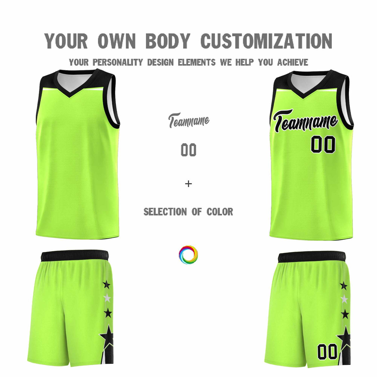 Custom Youth Basketball Uniform Fluorescent Green Black Two Tone Side Star Add Name Number &amp; Logo