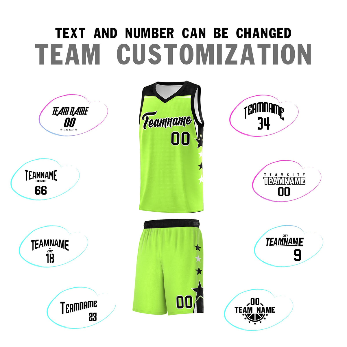 Custom Youth Basketball Uniform Fluorescent Green Black Two Tone Side Star Add Name Number &amp; Logo