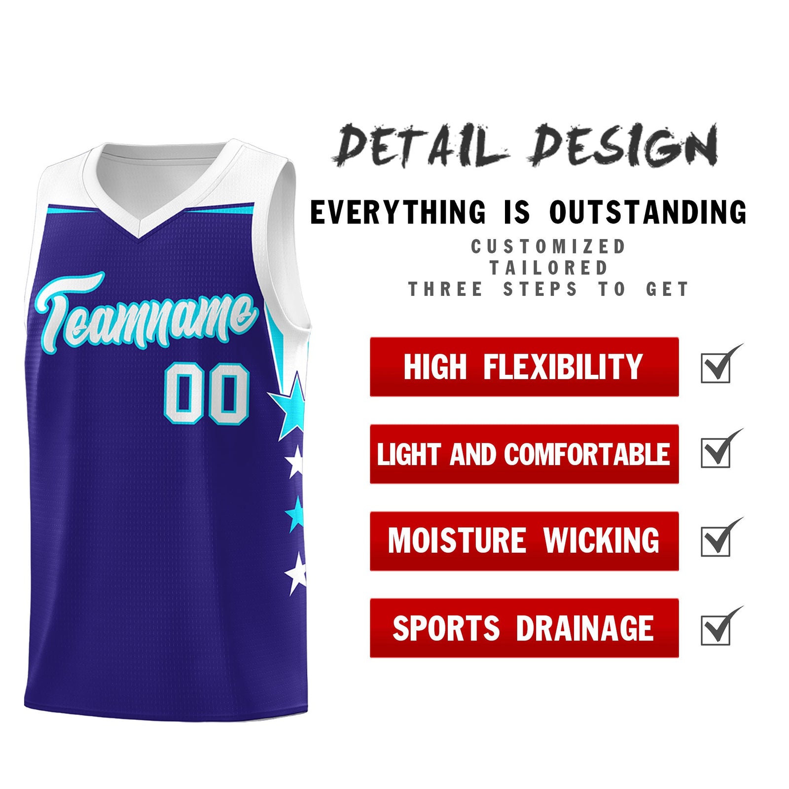 Custom Youth Basketball Uniform Royal White Two Tone Side Star Add Name Number & Logo