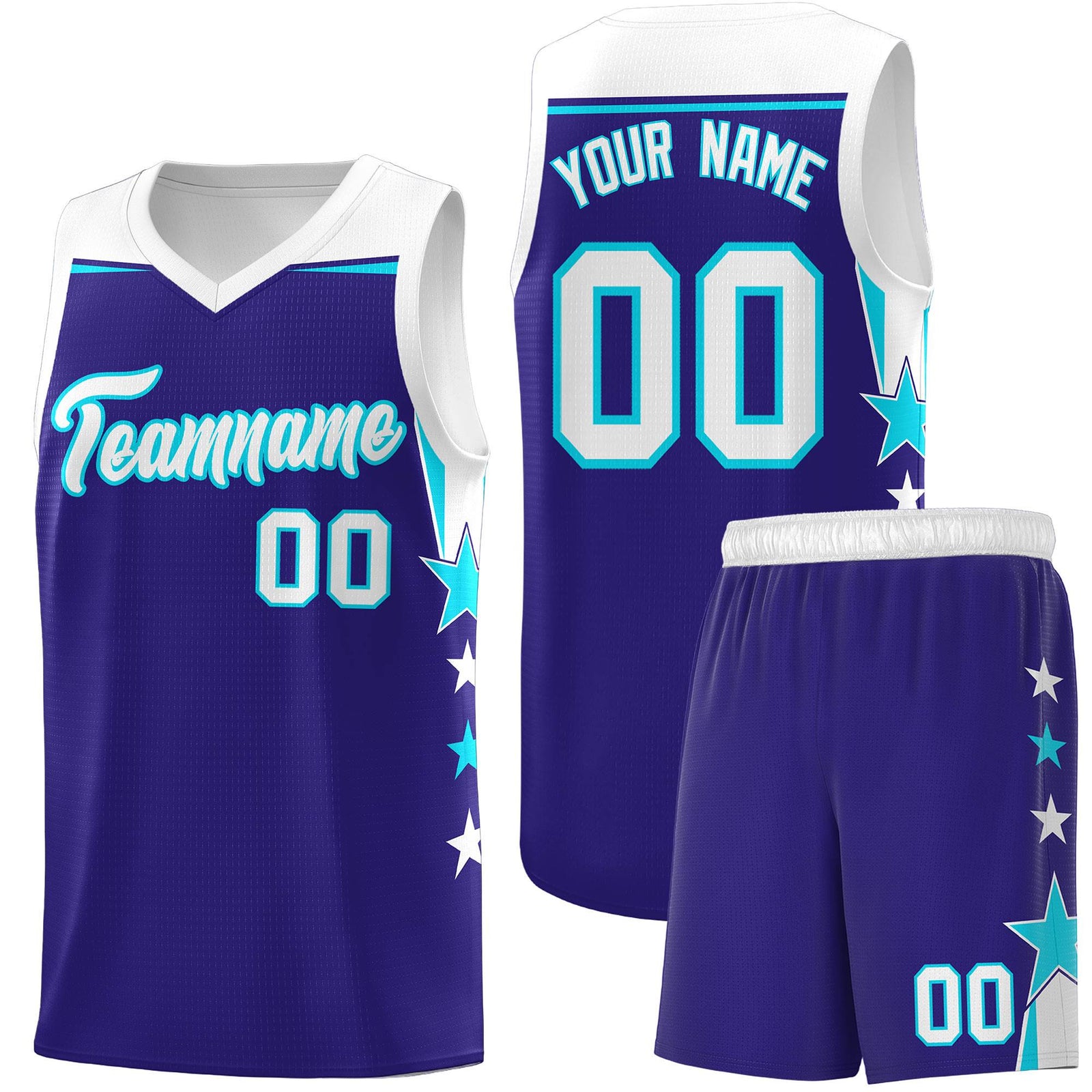 Custom Youth Basketball Uniform Royal White Two Tone Side Star Add Name Number & Logo