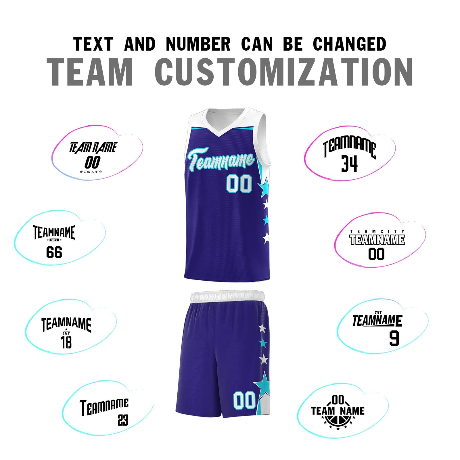 Custom Youth Basketball Uniform Royal White Two Tone Side Star Add Name Number & Logo