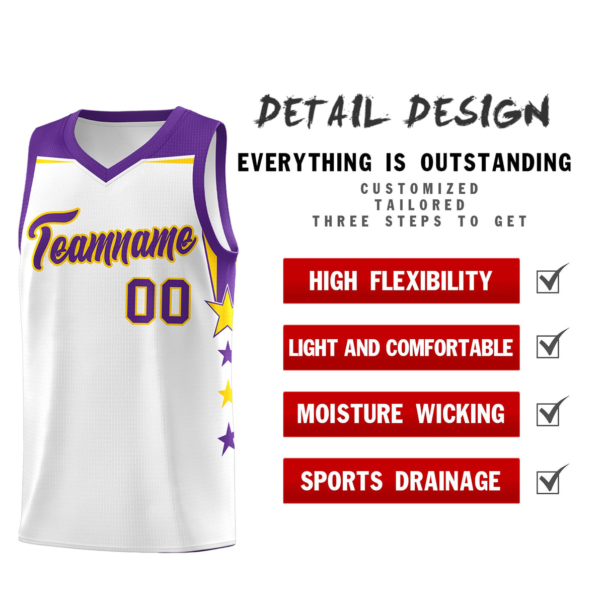 Custom Youth Basketball Uniform White Purple Two Tone Side Star Color Block Team Jersey