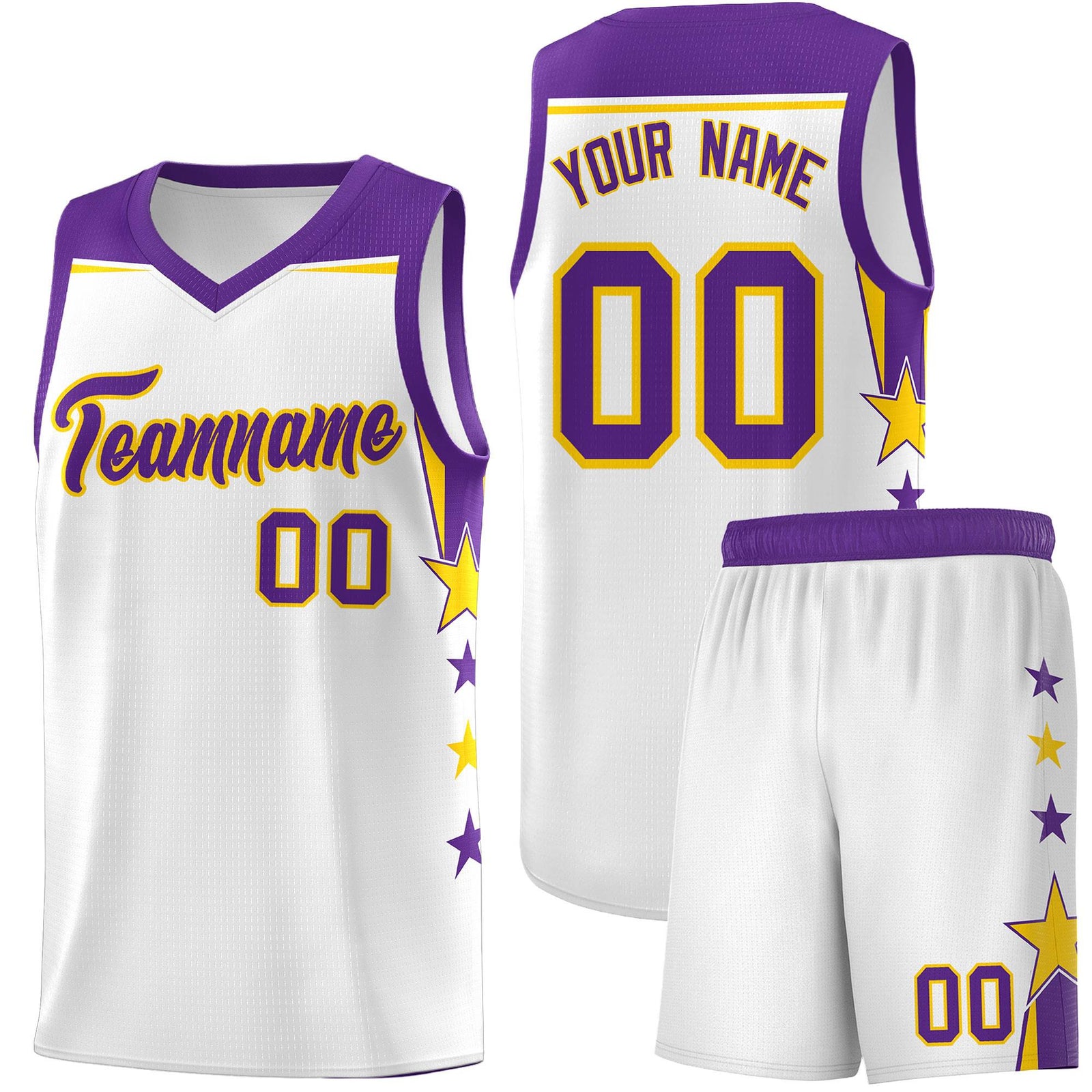 Custom Youth Basketball Uniform White Purple Two Tone Side Star Color Block Team Jersey