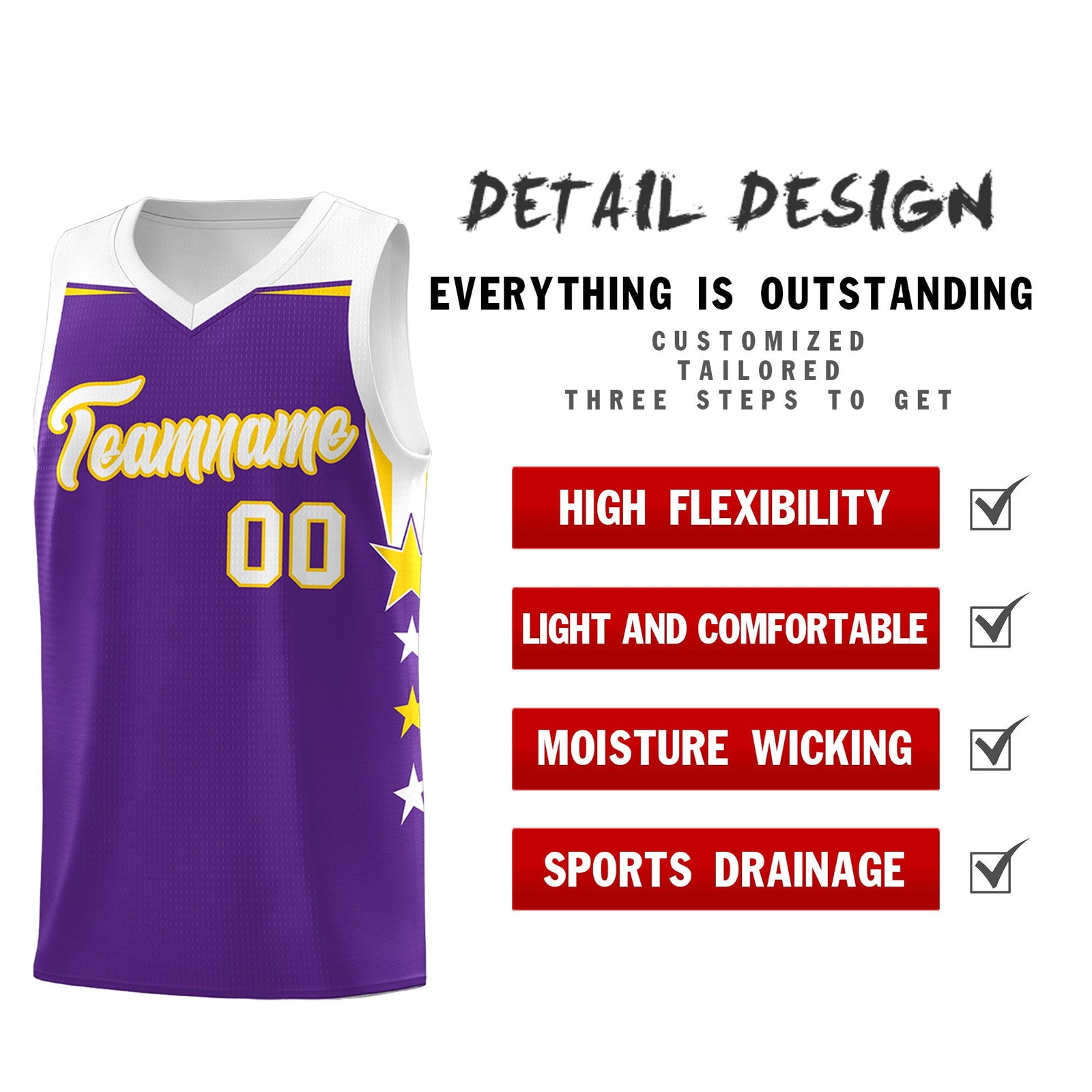 Custom Youth Basketball Uniform Purple White Two Tone Side Star Add Name Number & Logo