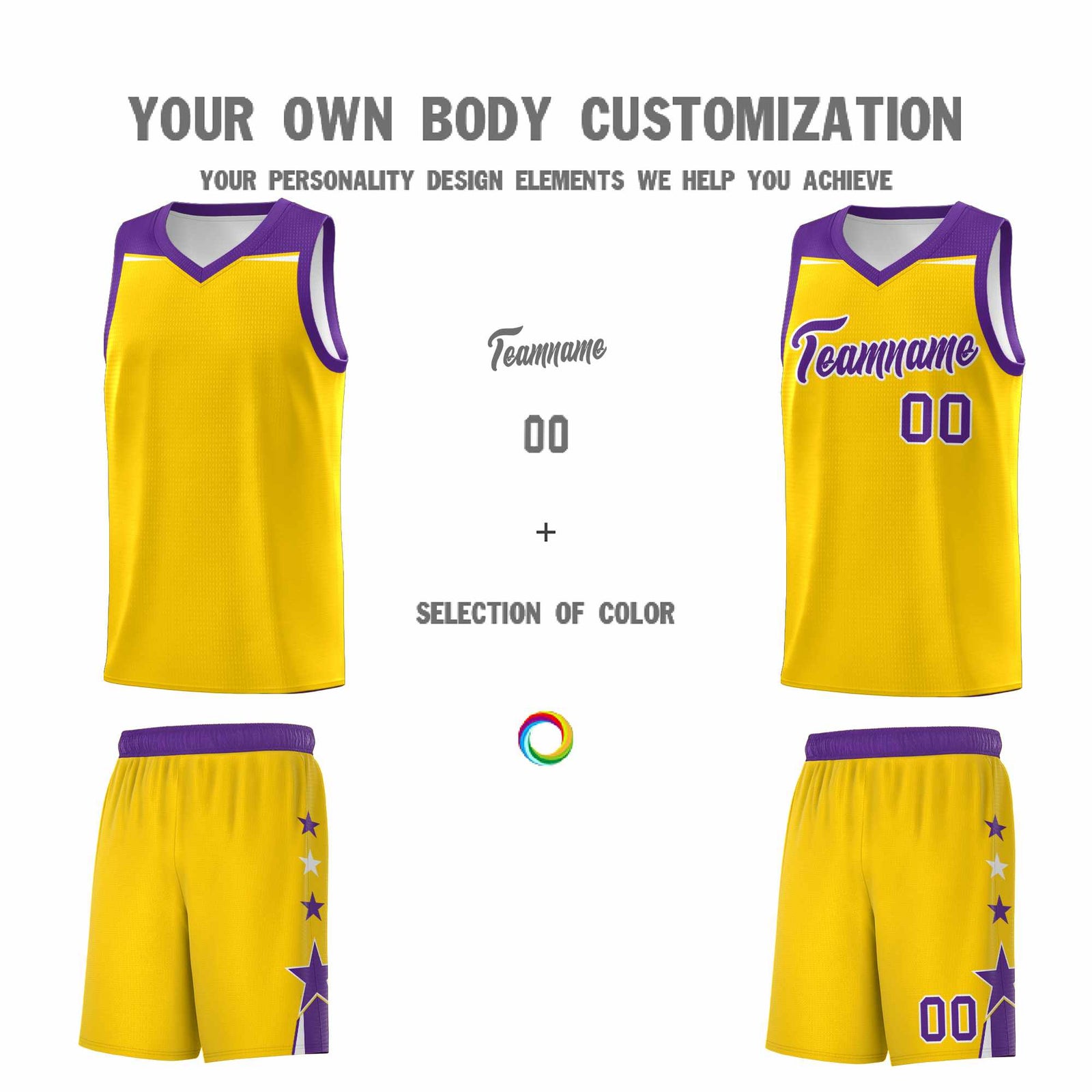 Custom Youth Basketball Uniform Gold Purple Two Tone Side Star Personalized Team Jersey