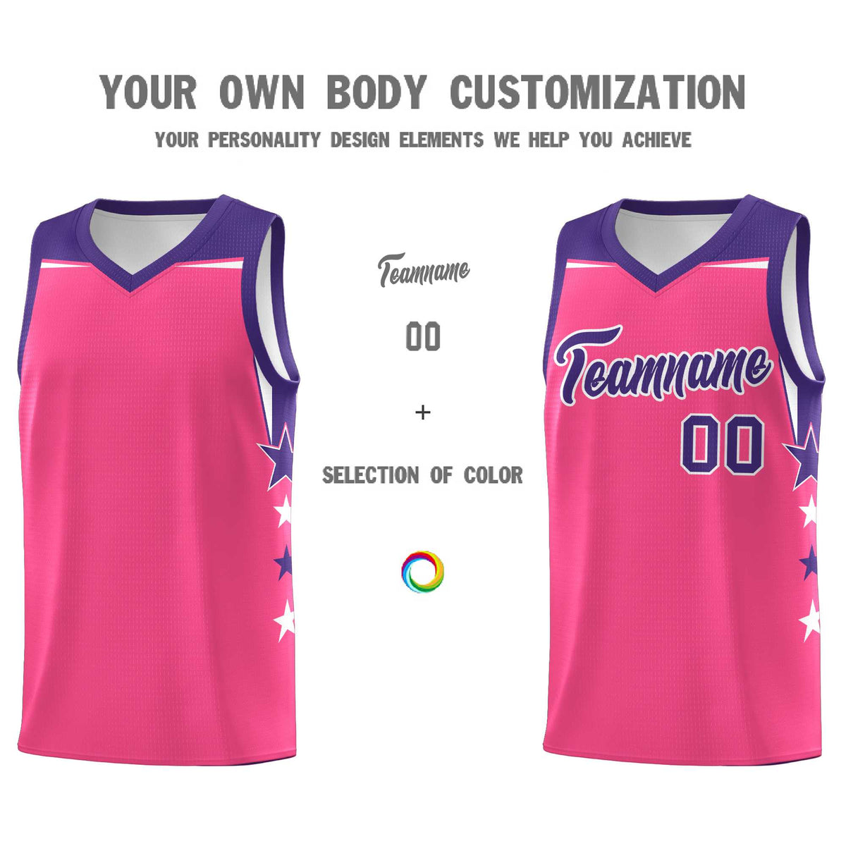 Custom Youth Basketball Uniform Pink Purple Two Tone Side Star Add Name Number &amp; Logo
