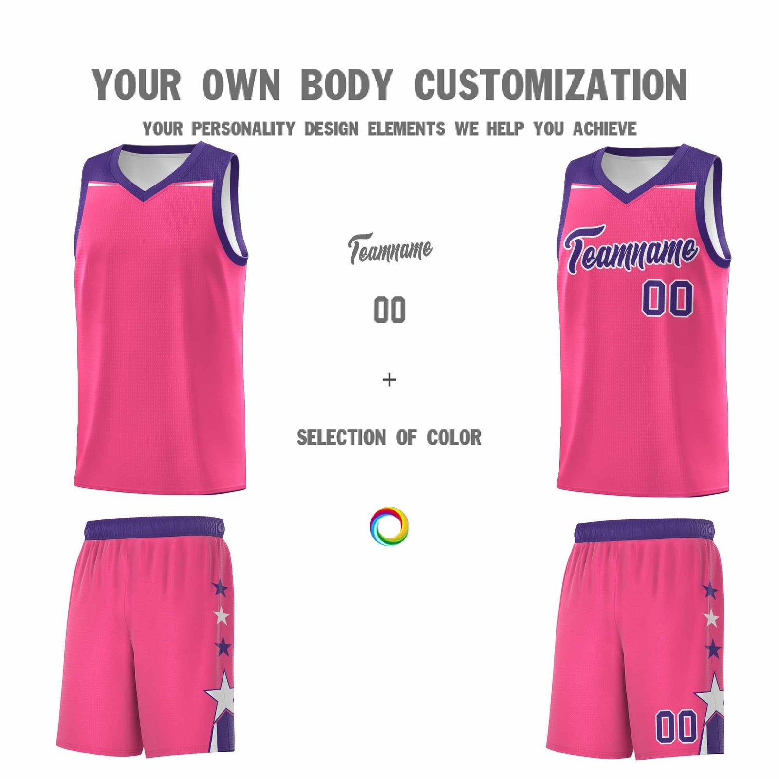 Custom Youth Basketball Uniform Pink Purple Two Tone Side Star Add Name Number & Logo