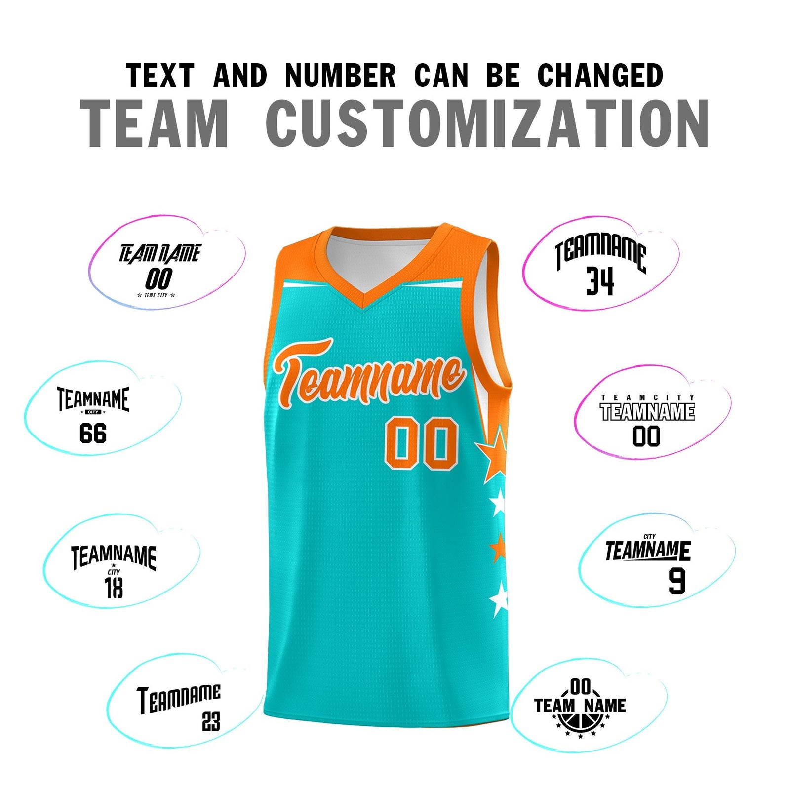 Custom Youth Basketball Uniform Aqua Orange Two Tone Side Star Personalized Team Jersey