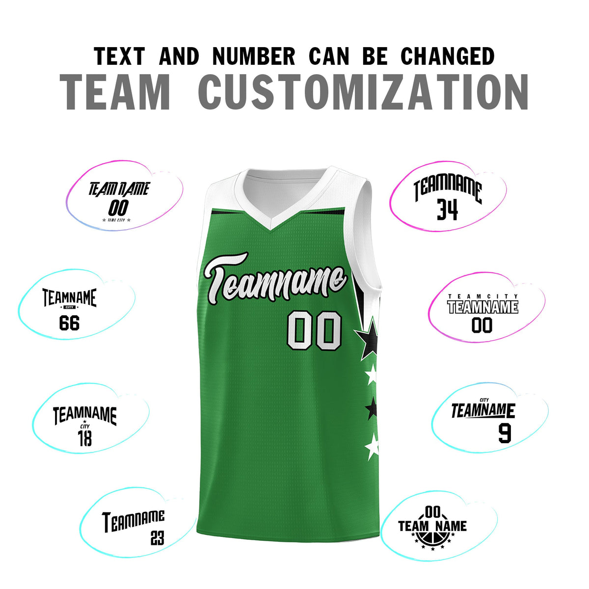 Custom Youth Basketball Uniform Kelly Green White Two Tone Side Star Add Name Number &amp; Logo