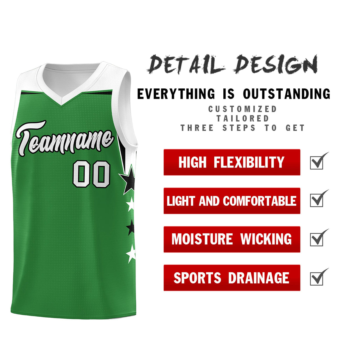Custom Youth Basketball Uniform Kelly Green White Two Tone Side Star Add Name Number &amp; Logo